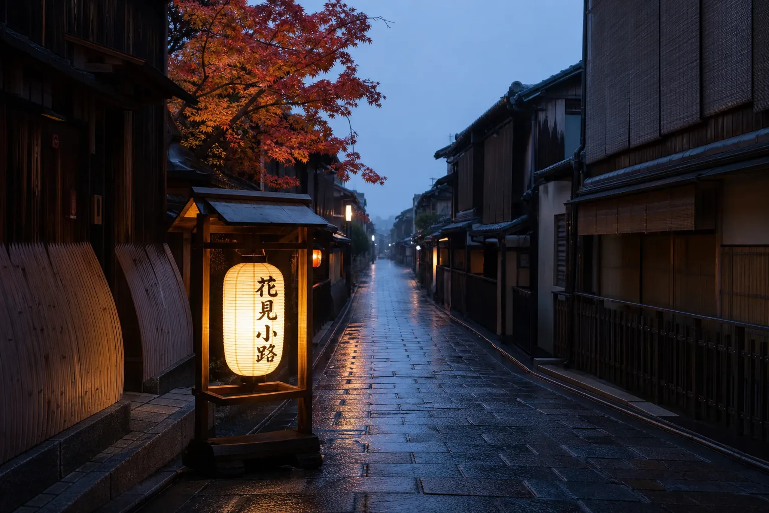 Empty early morning lane in Kyoto’s Gion district with traditional wooden buildings and lanterns