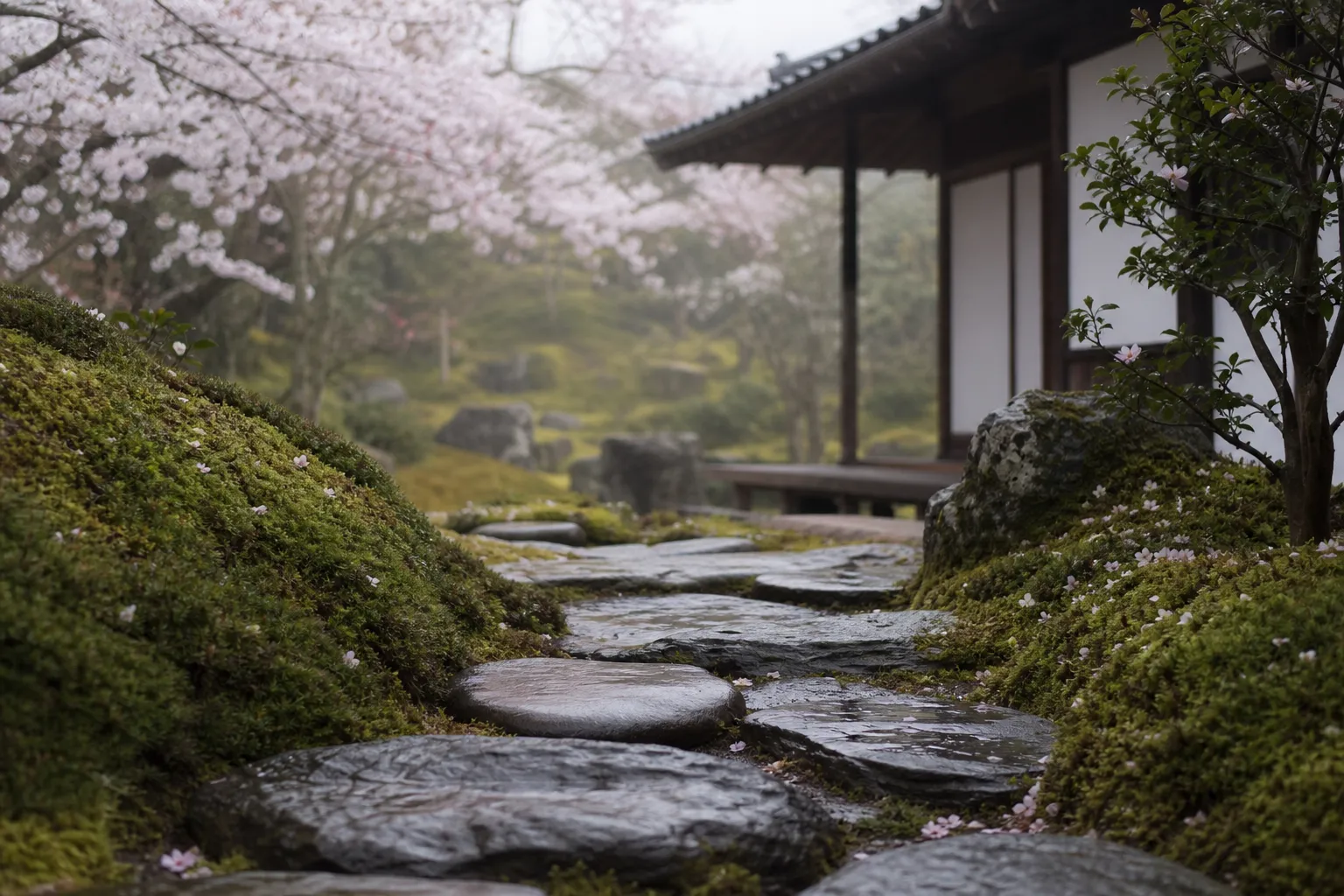 Close view of damp stepping stones beside thick moss in a Kyoto temple garden