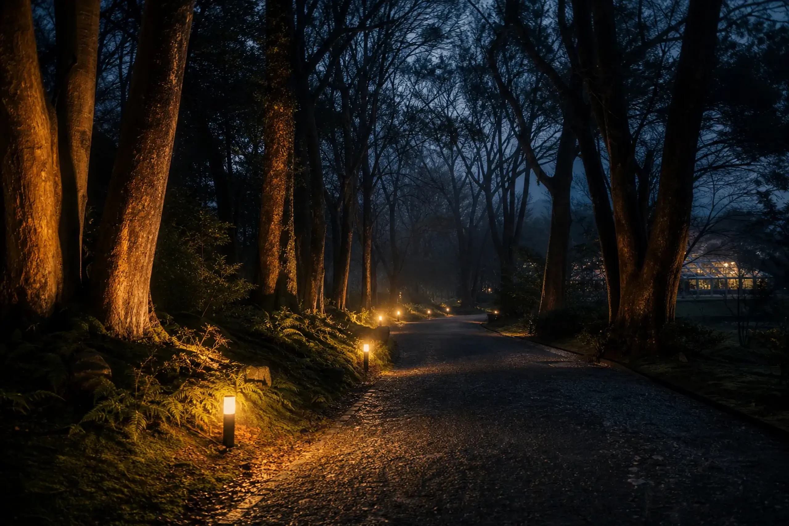 Illuminated path through trees at Kyoto Botanical Gardens at night