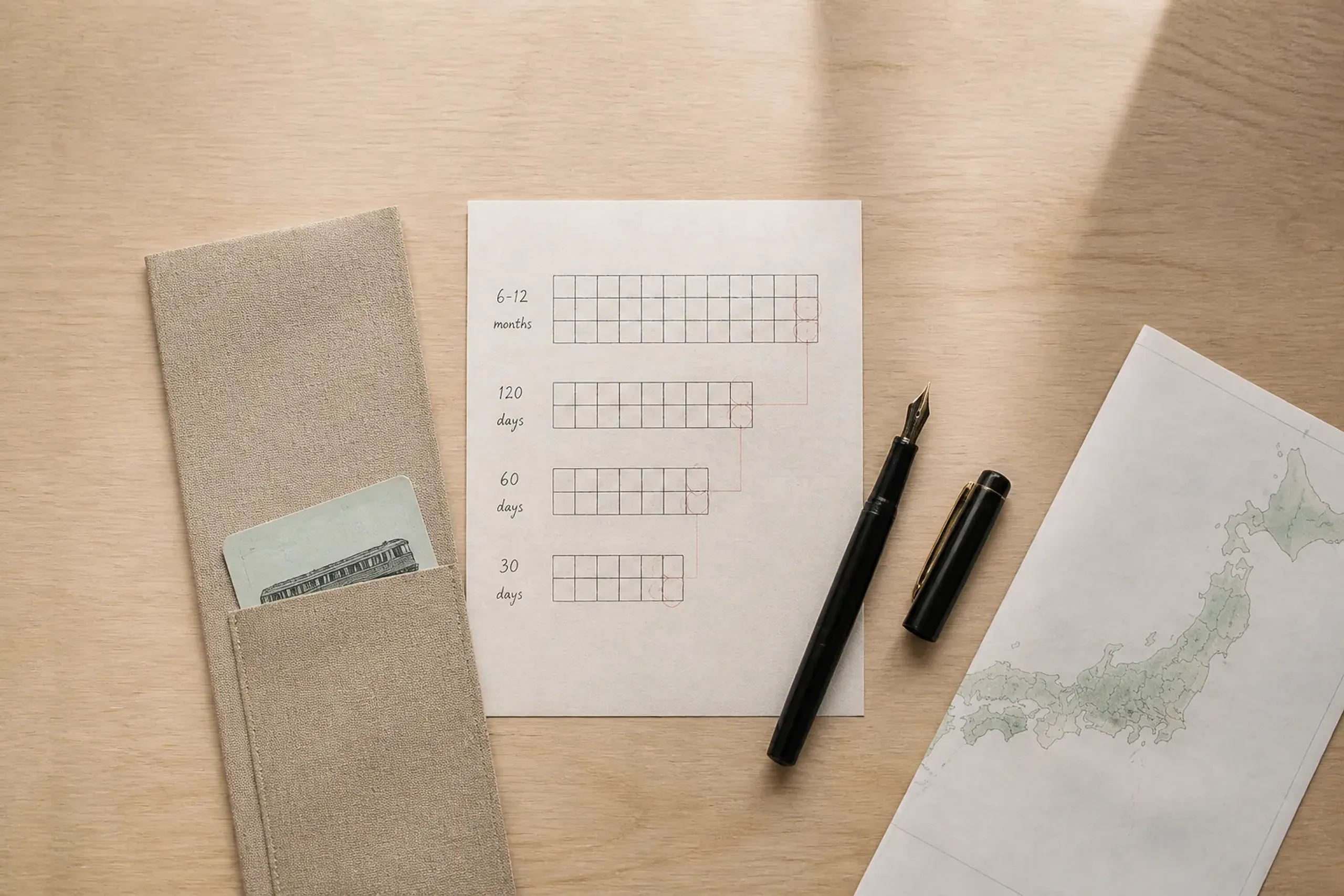 Minimalist travel planning desk with a calendar showing booking deadlines for Japan reservations