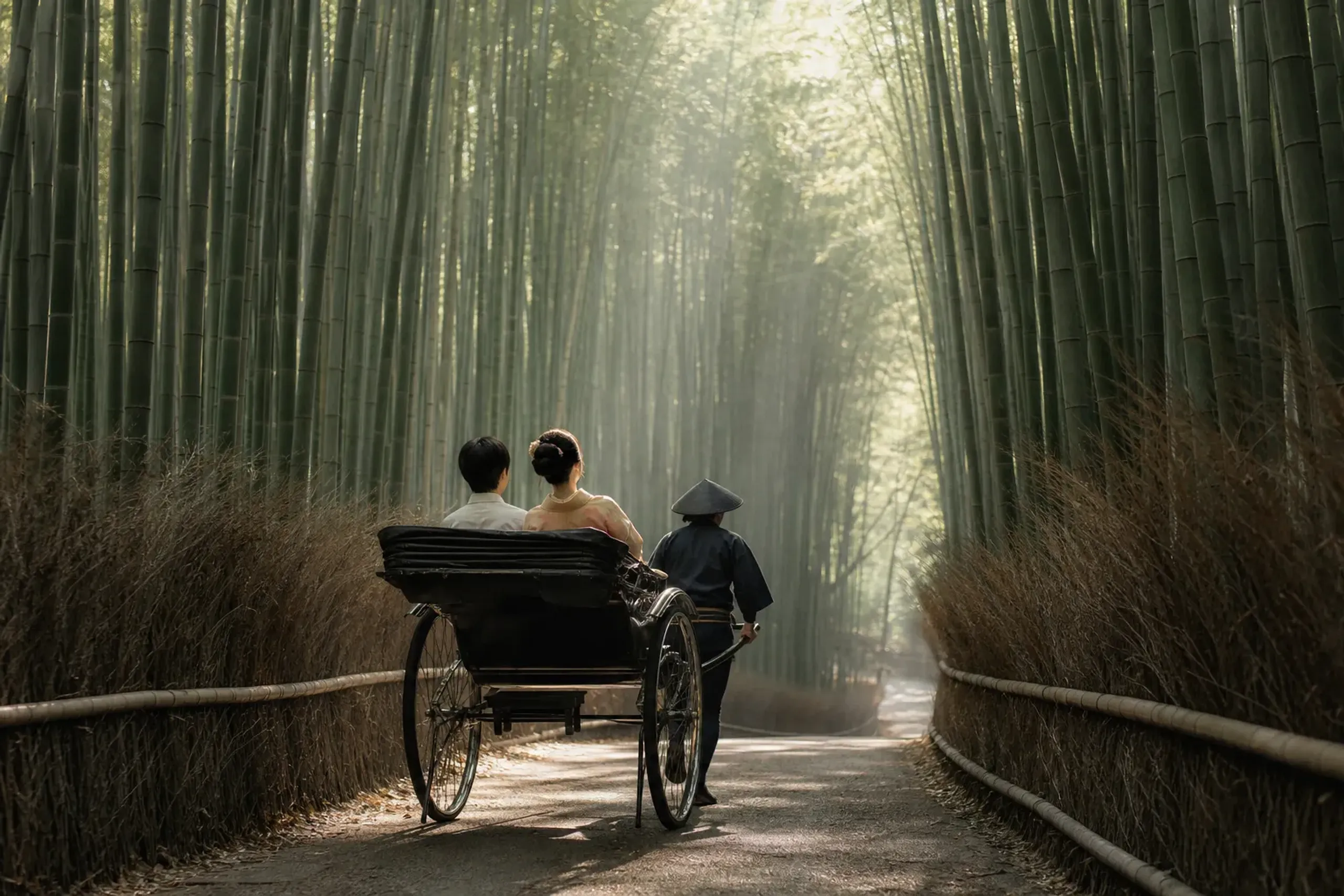 An elegant couple enjoys a private rickshaw ride on a winding path through the sun-dappled Arashiyama Bamboo Grove in Kyoto.