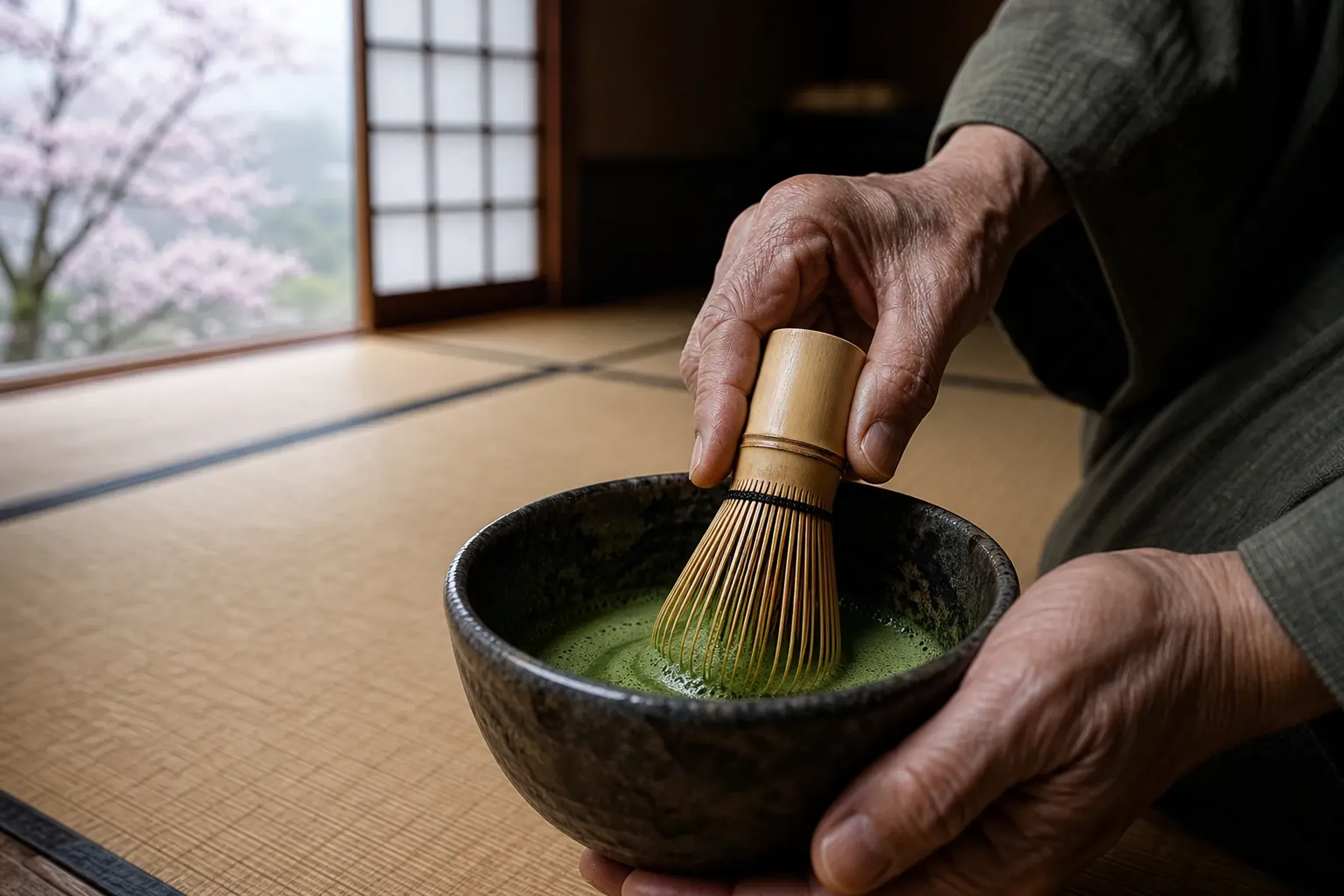 A detailed close-up shot of a Japanese tea master's hands whisking green matcha tea in a ceramic bowl inside a traditional wooden machiya with soft lighting.