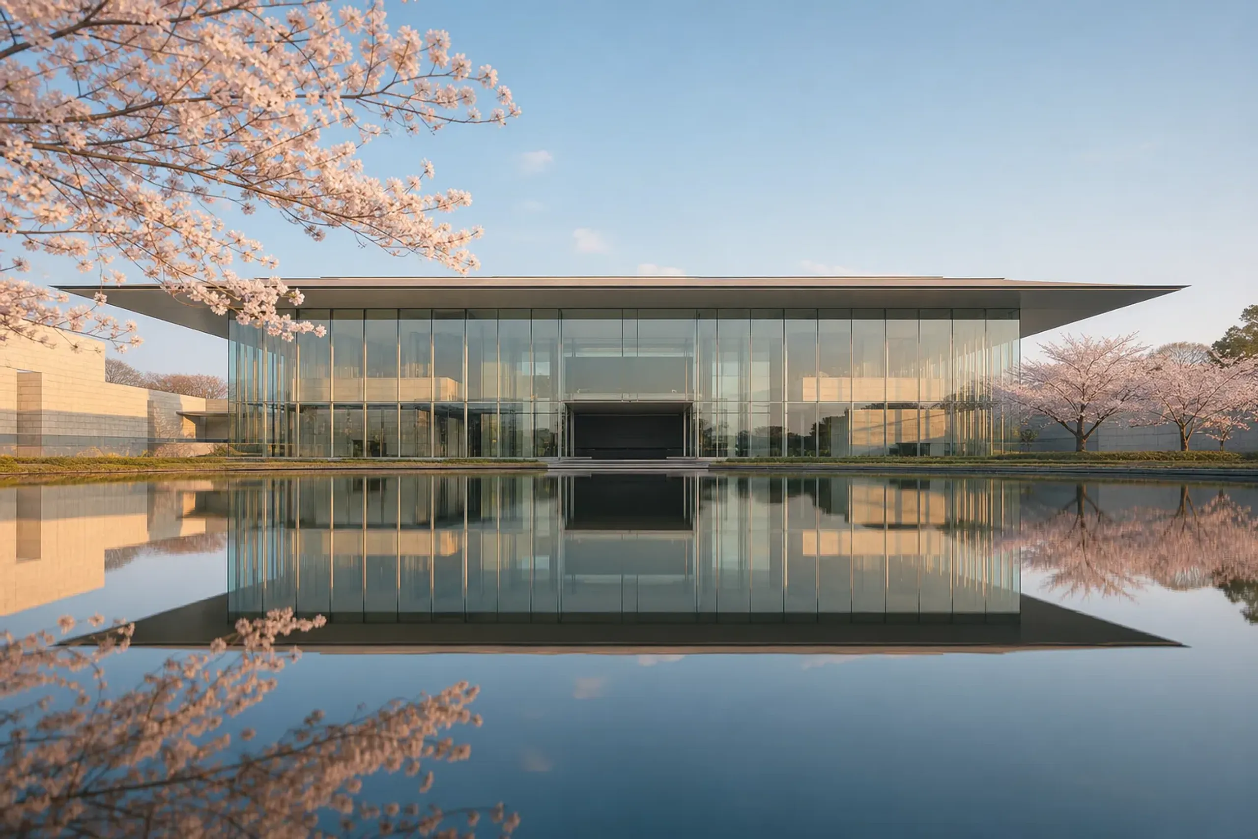 A sleek contemporary glass and steel museum building reflects perfectly across a wide, still water pool under a bright sky, exemplifying high-end minimalist architecture.