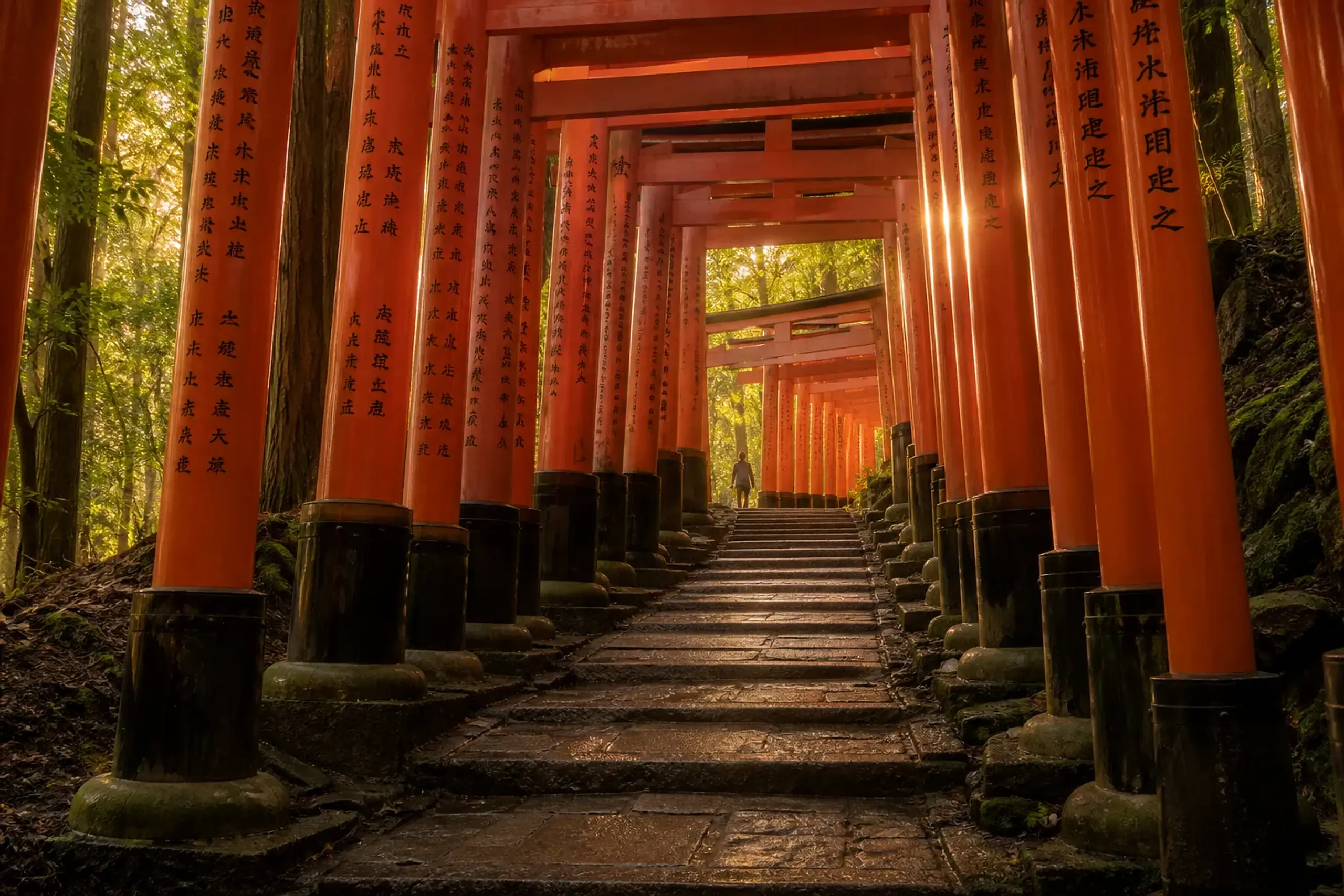 Vermilion torii gate path at Fushimi Inari Taisha in early morning light with no crowds