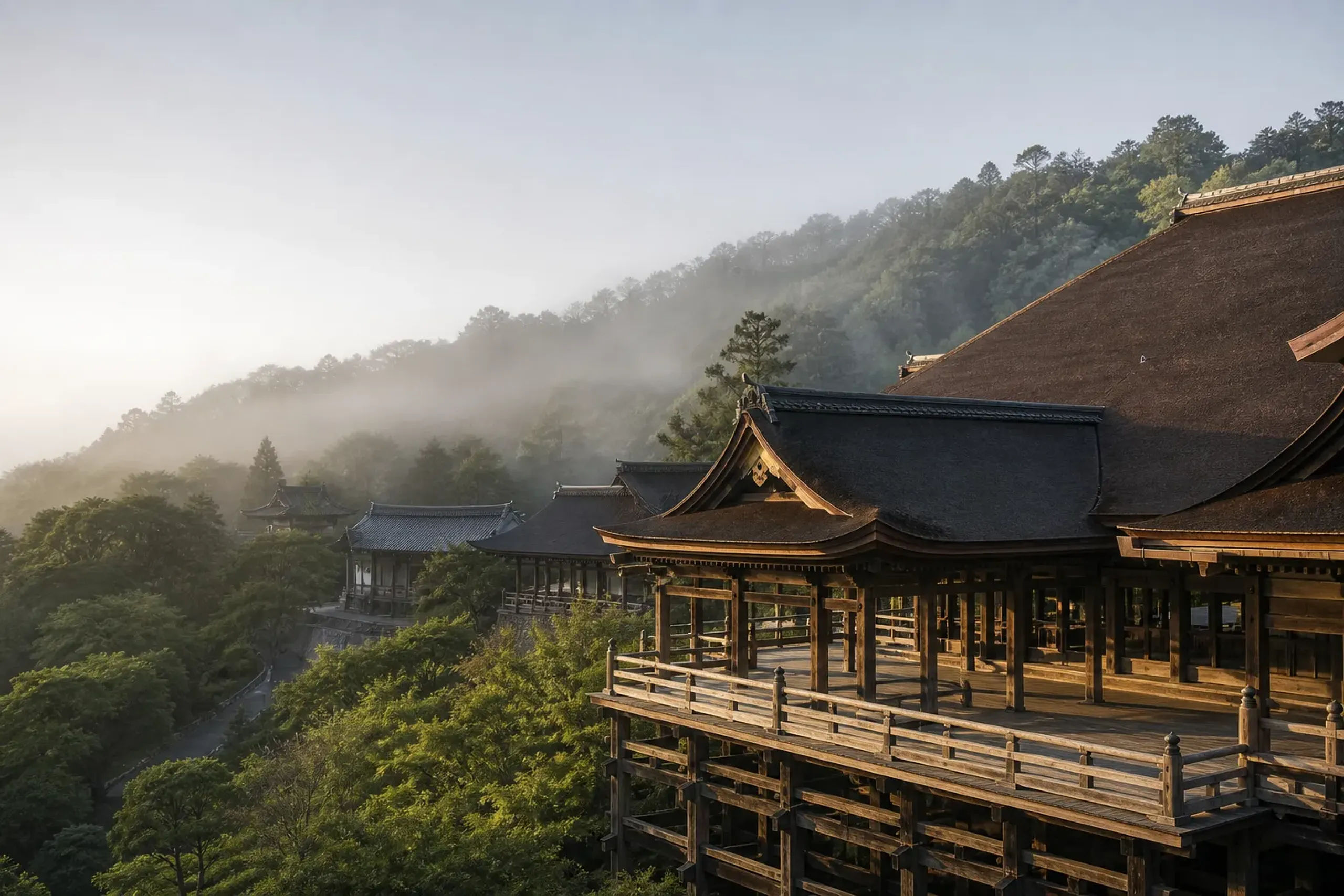 The wooden veranda and hillside temple approach lanes of Kiyomizu-dera in Higashiyama, eastern Kyoto, viewed across the tiered rooftops of the Hongū-dō main hall