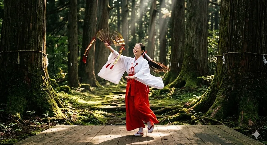 A dynamic artistic photograph capturing a Miko (shrine maiden) in traditional vestments performing a joyful ritual dance with a fan among massive ancient cedar trees, illuminated by dramatic filtered light.