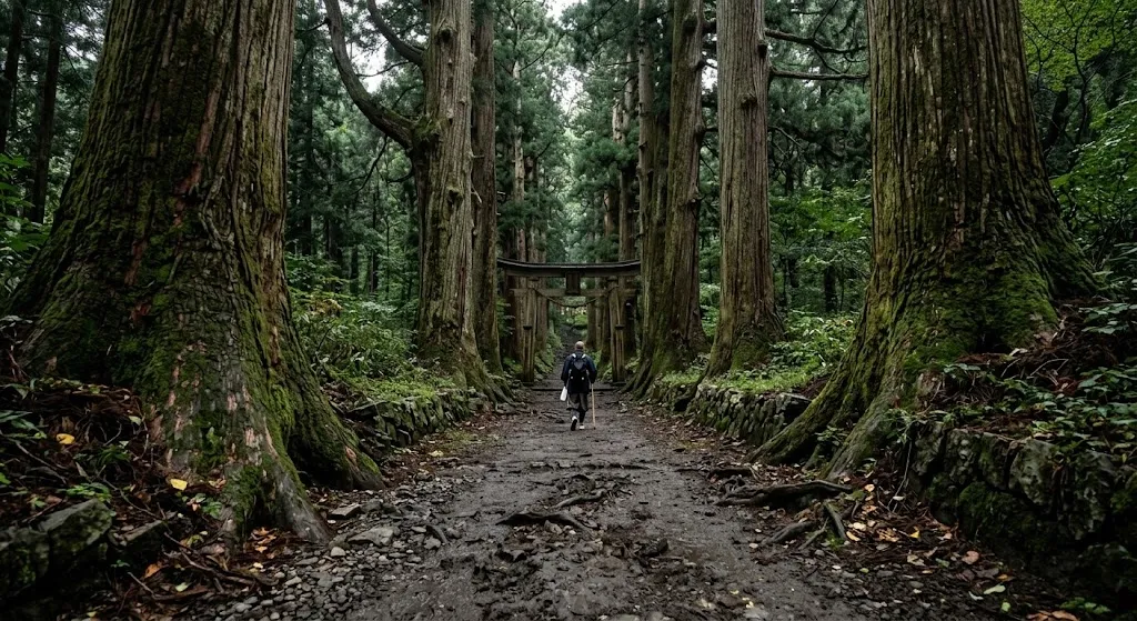 A low-angle photograph of towering, ancient cedar trees framing a historic pilgrimage path, leading toward a weathered shrine gate under the soft, dappled light of the Nagano forest canopy.