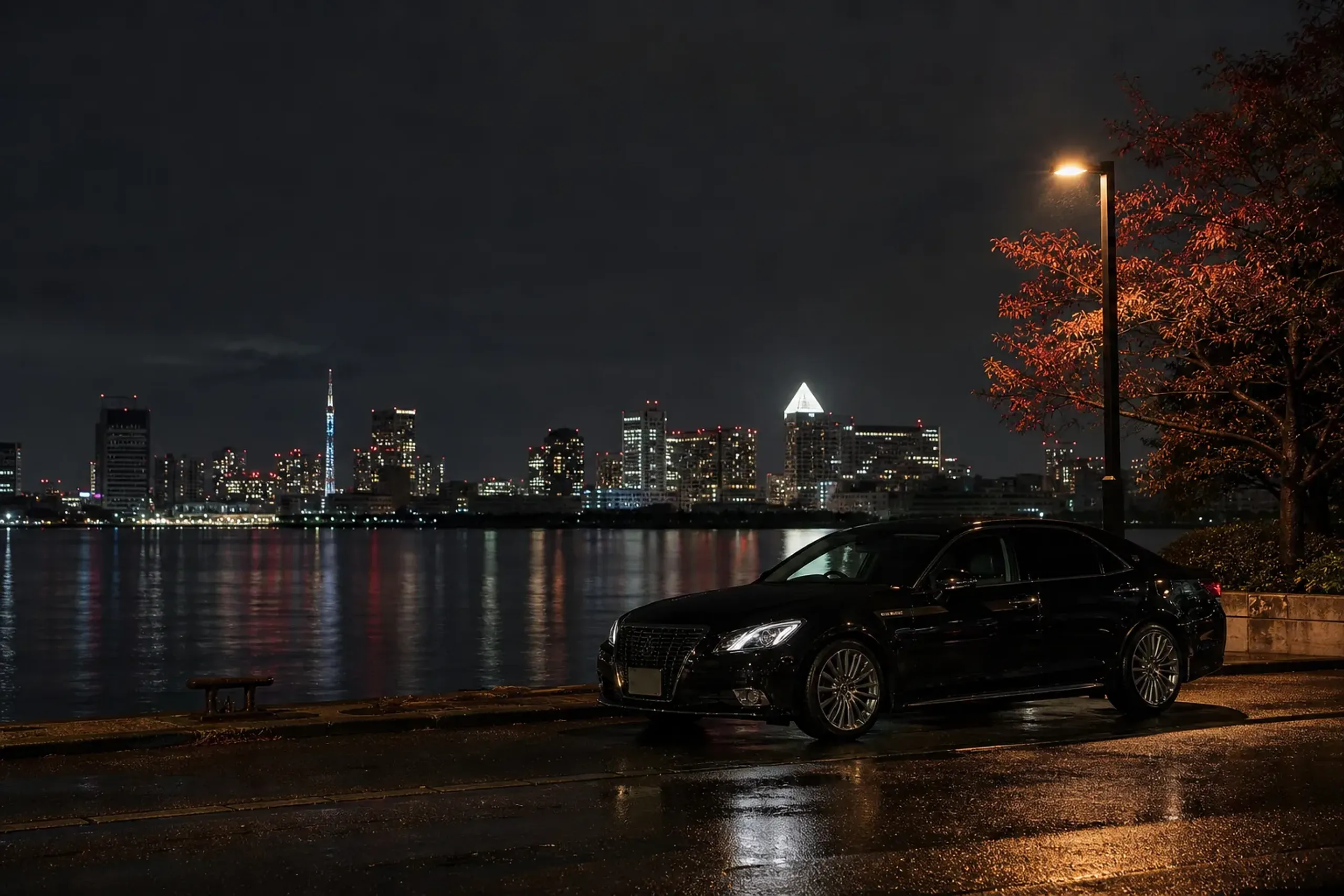 Premium black luxury vehicle parked in the Ariake district of Tokyo Bay at night