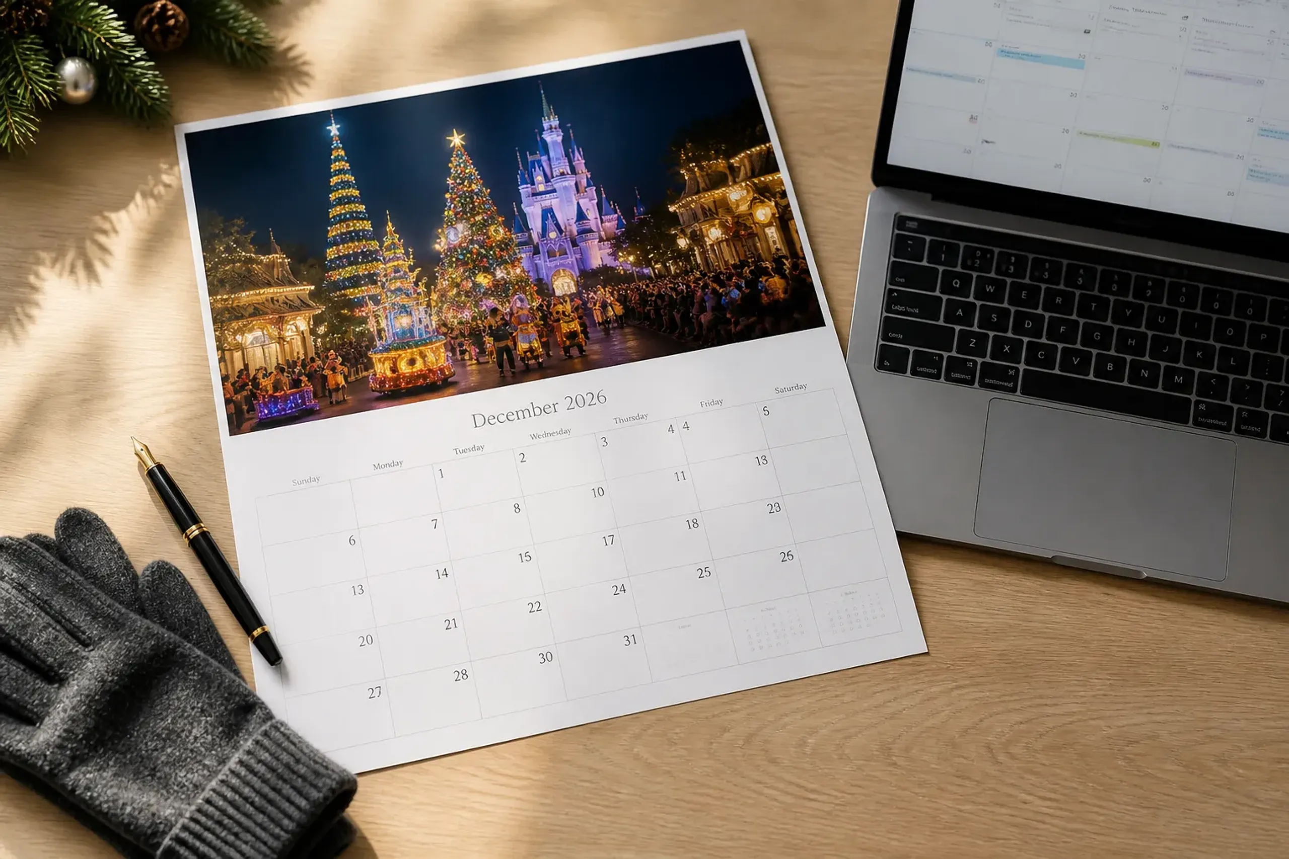 December 2026 calendar and laptop used for planning Tokyo Disney Christmas and VIP tour eligibility