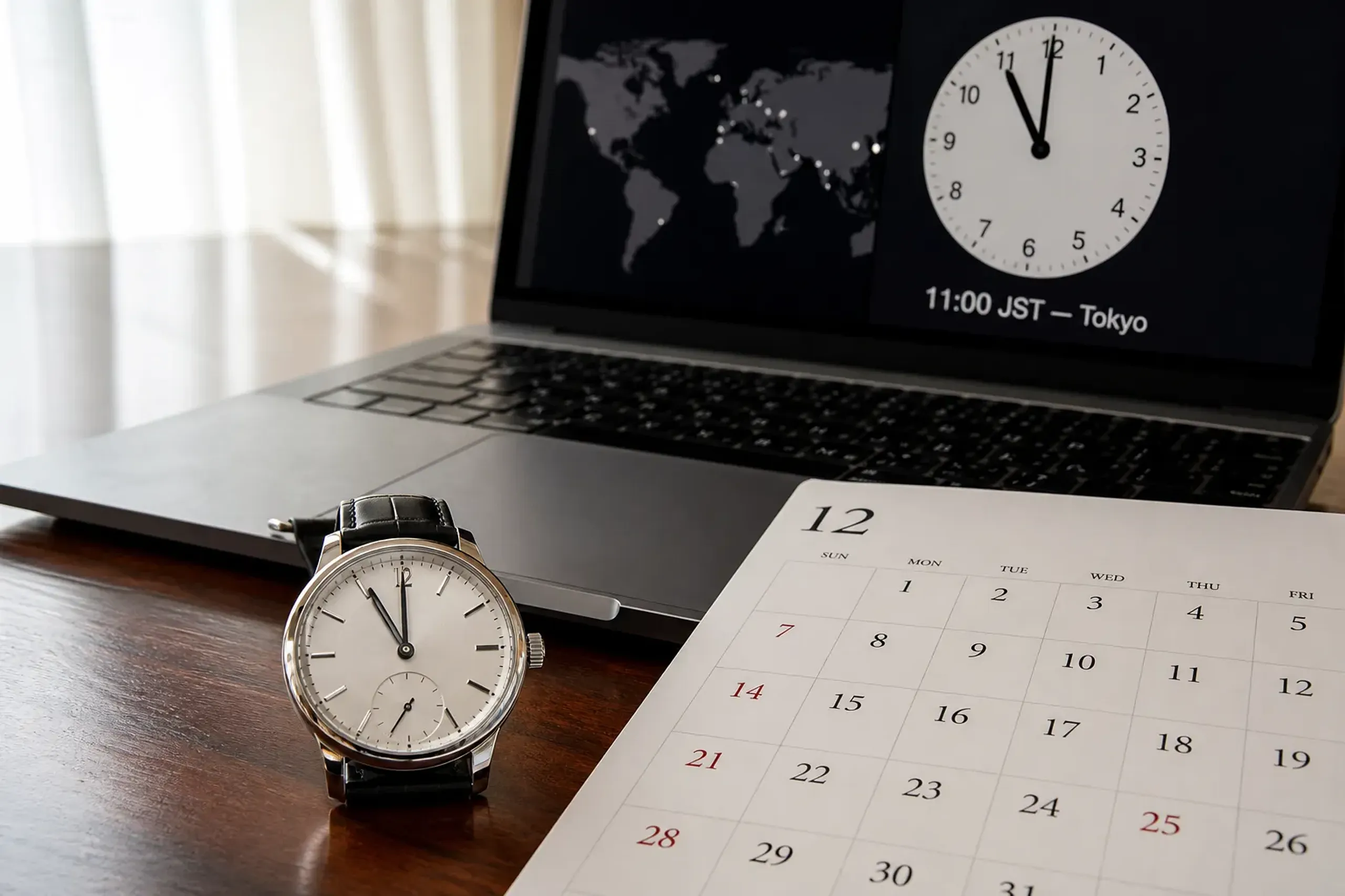 Calendar and watch showing an 11:00 JST booking deadline on a hotel desk