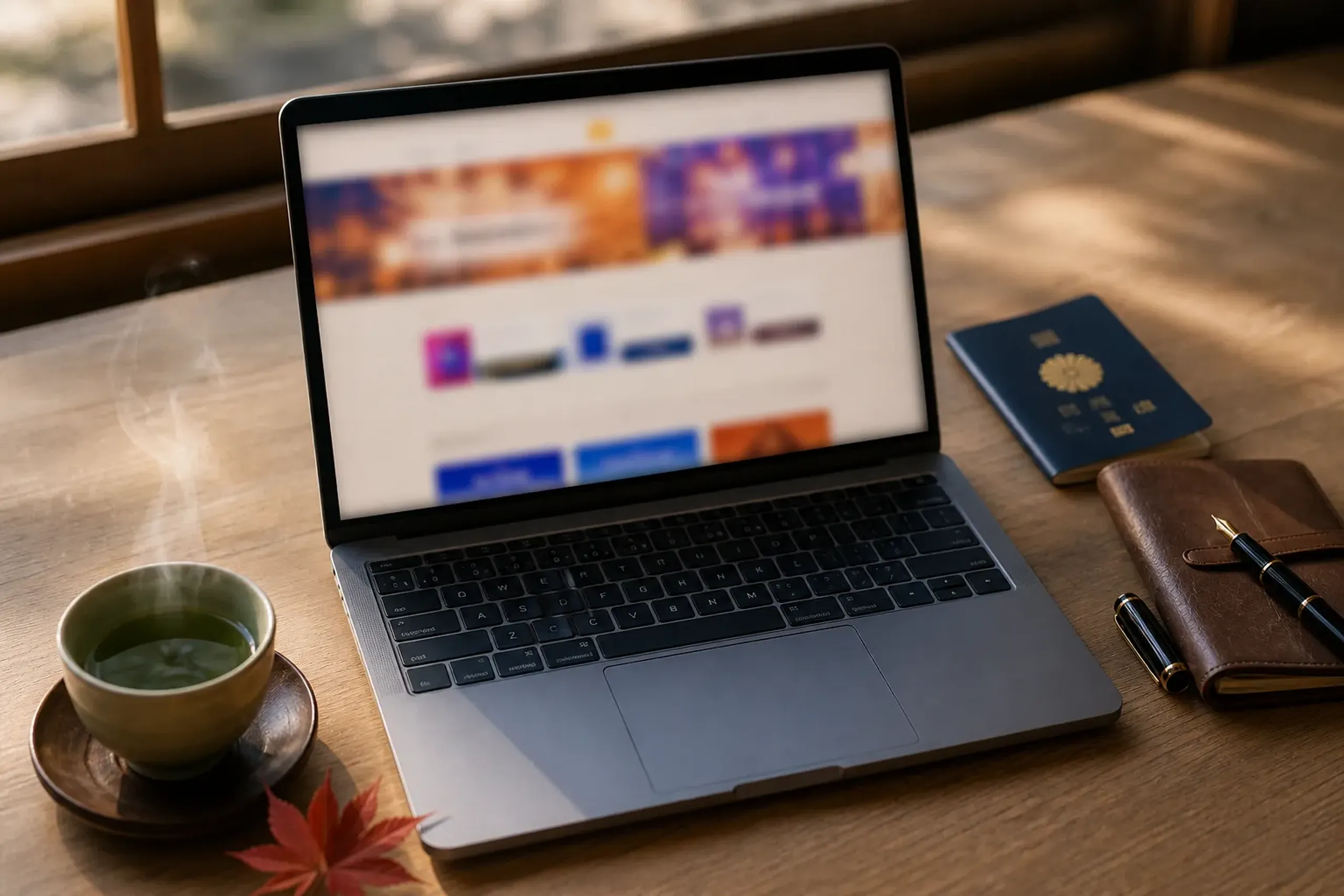 Laptop on desk with travel notebook and passport beside it, suggesting official booking preparation