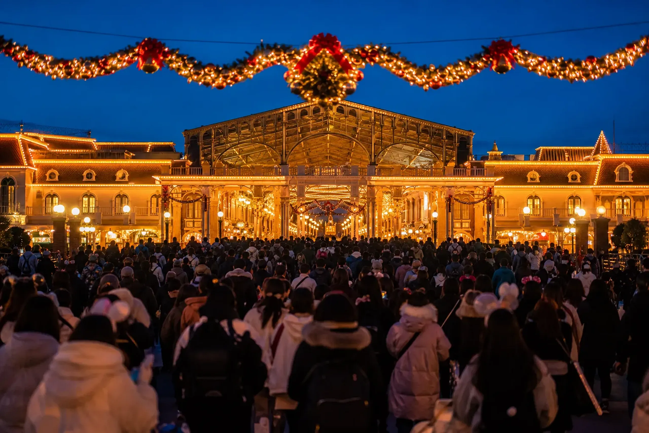The dense late-December crowd streaming beneath the illuminated entry gates of Tokyo Disneyland during peak New Year week
