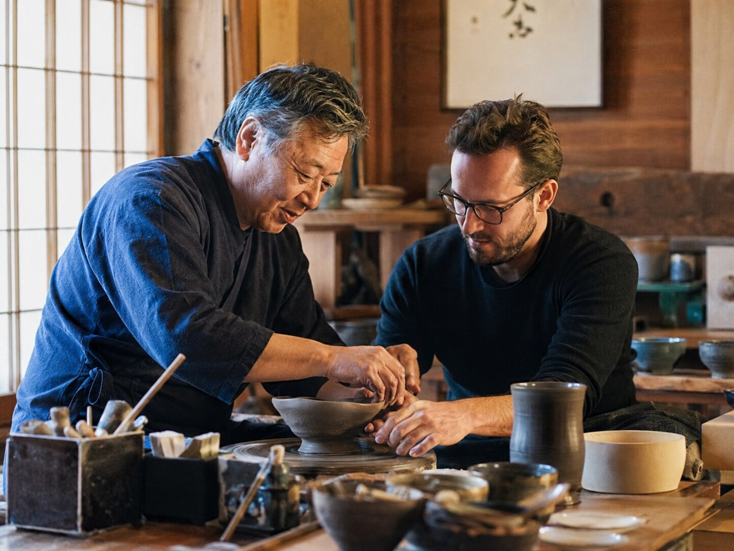 An authentic, quiet Japanese artisan workshop experience highlighting traditional shokunin craft.