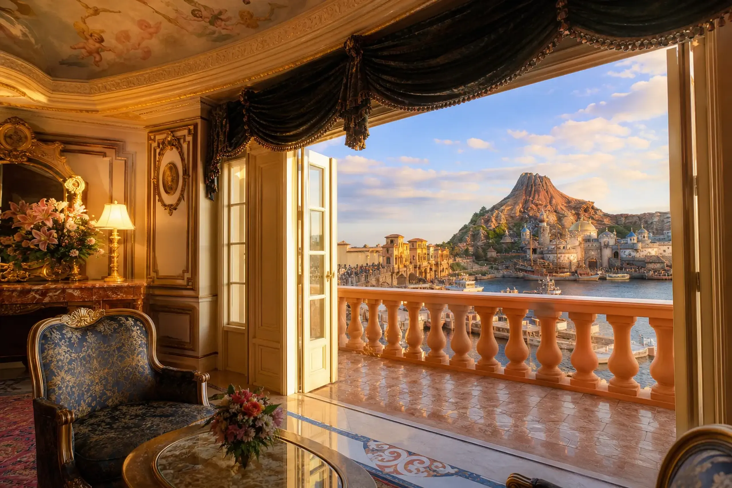 the ornate interior of the Porto Paradiso Suite at Hotel MiraCosta, with its harbor-view balcony overlooking the Mediterranean Harbor of Tokyo DisneySea