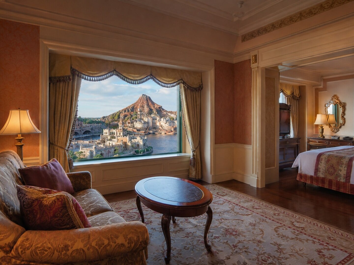 A luxurious suite at Tokyo DisneySea Hotel MiraCosta with harbour views.