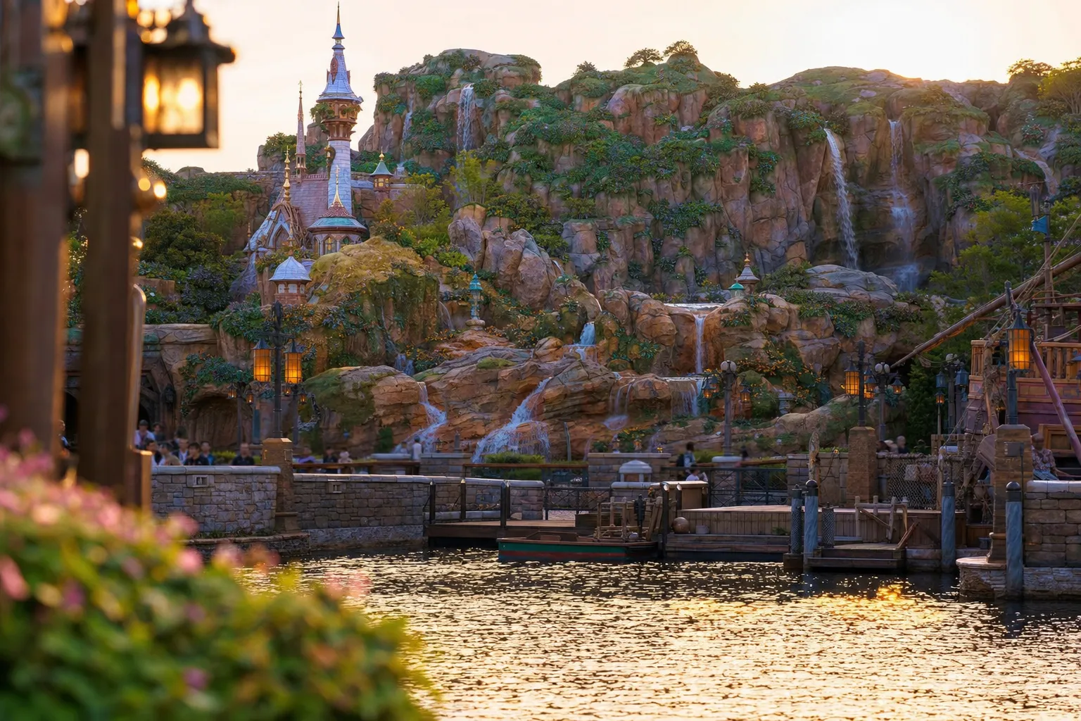 View of Fantasy Springs area at Tokyo DisneySea with themed landscape and water