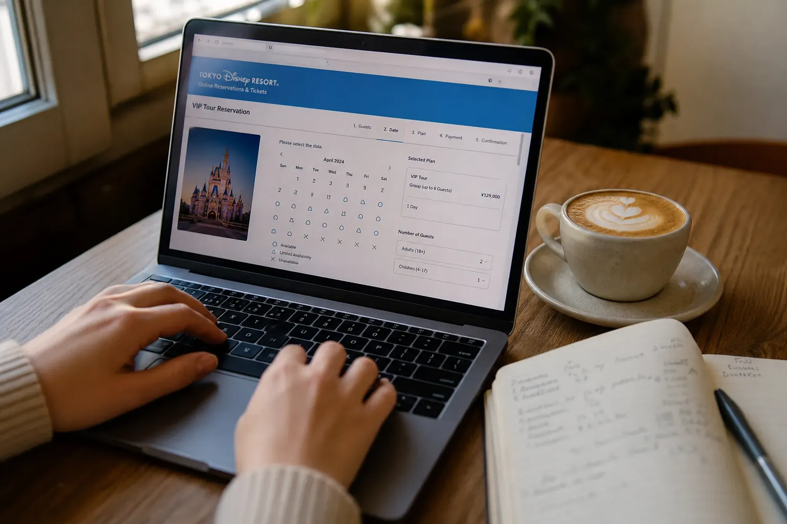 Travel planning notes for a Tokyo Disney Resort stay beside a laptop
