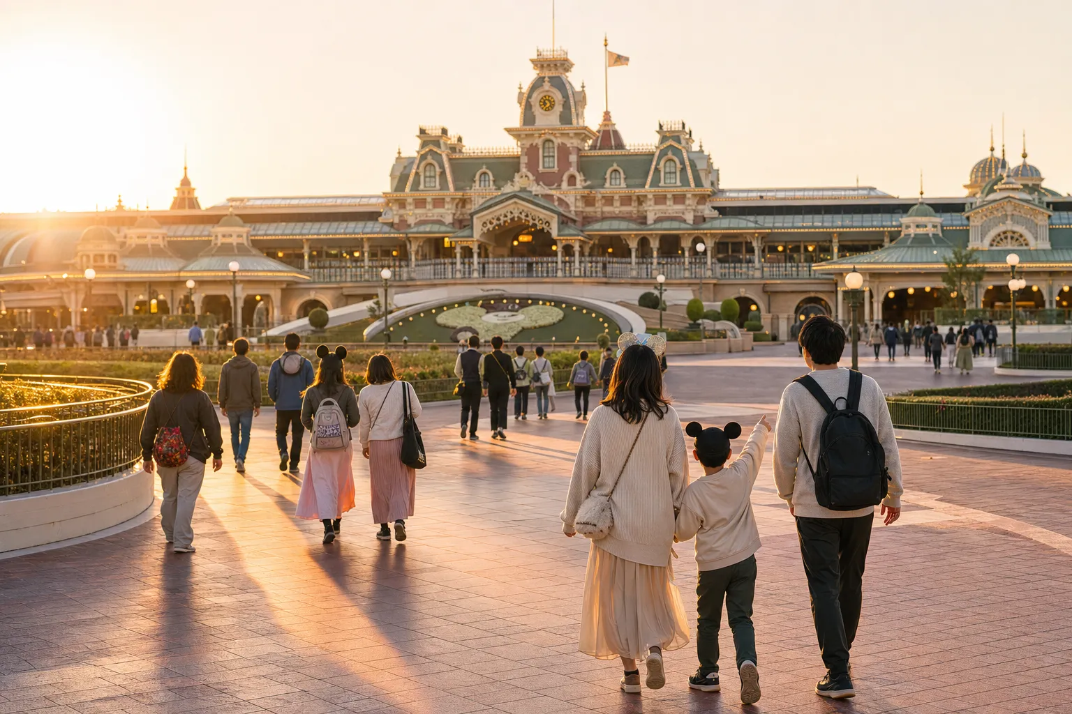 Guests arriving at Tokyo Disneyland in the morning near the entrance plaza