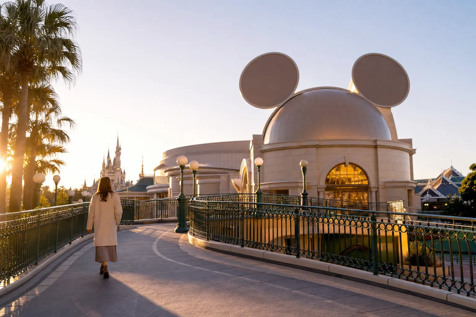 Capture of the Tokyo Disney Resort entrance featuring the Bon Voyage Store and pedestrian bridge. — Photo by Dmitry Romanoff on Pexels