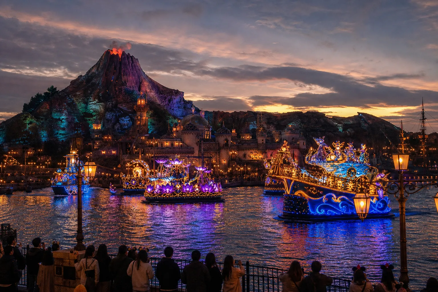 Tokyo DisneySea Mediterranean Harbor lit in blue during a harbor entertainment program at dusk