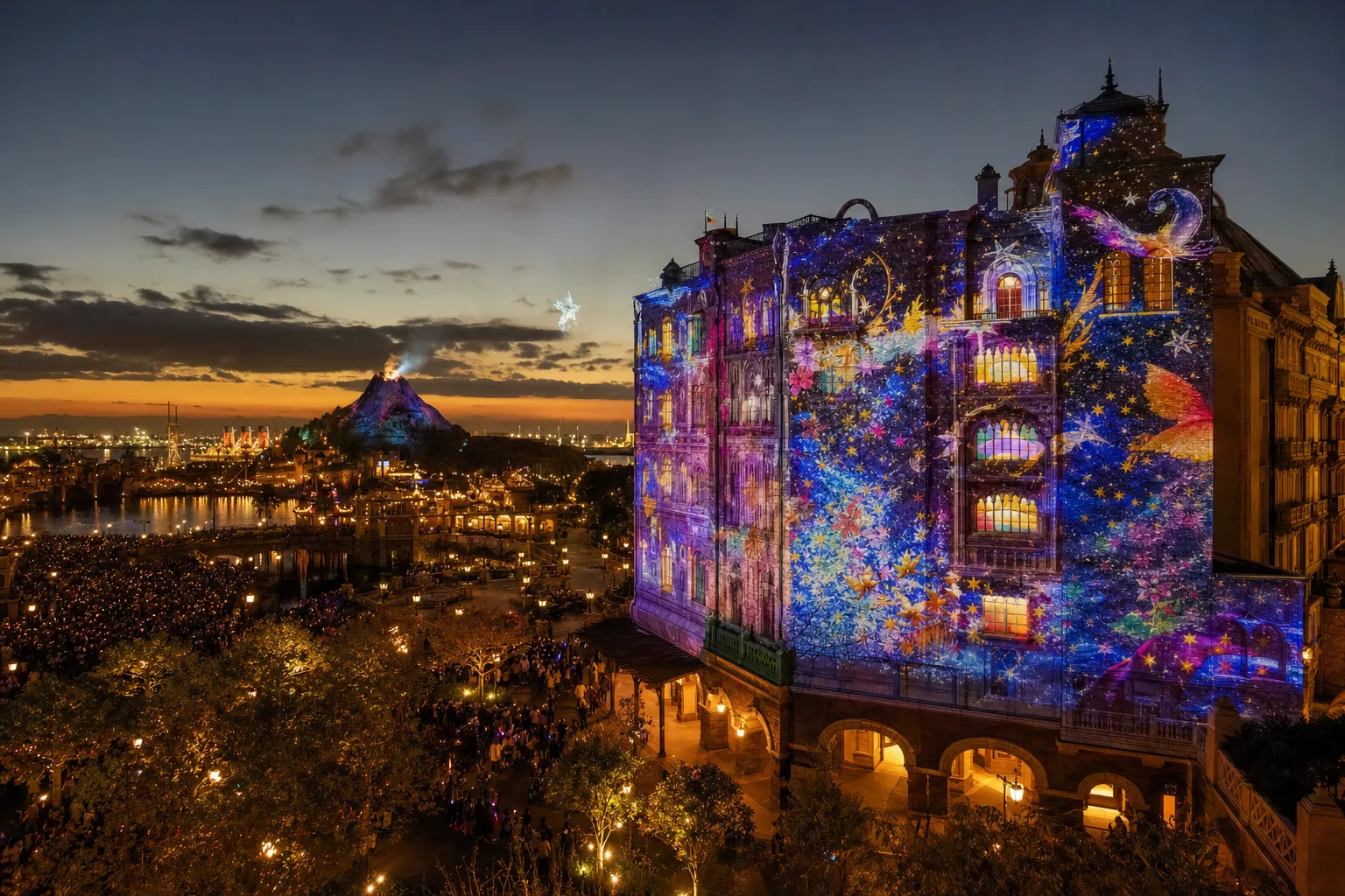 Crowd watching a colorful nighttime projection mapping show on a large hotel facade