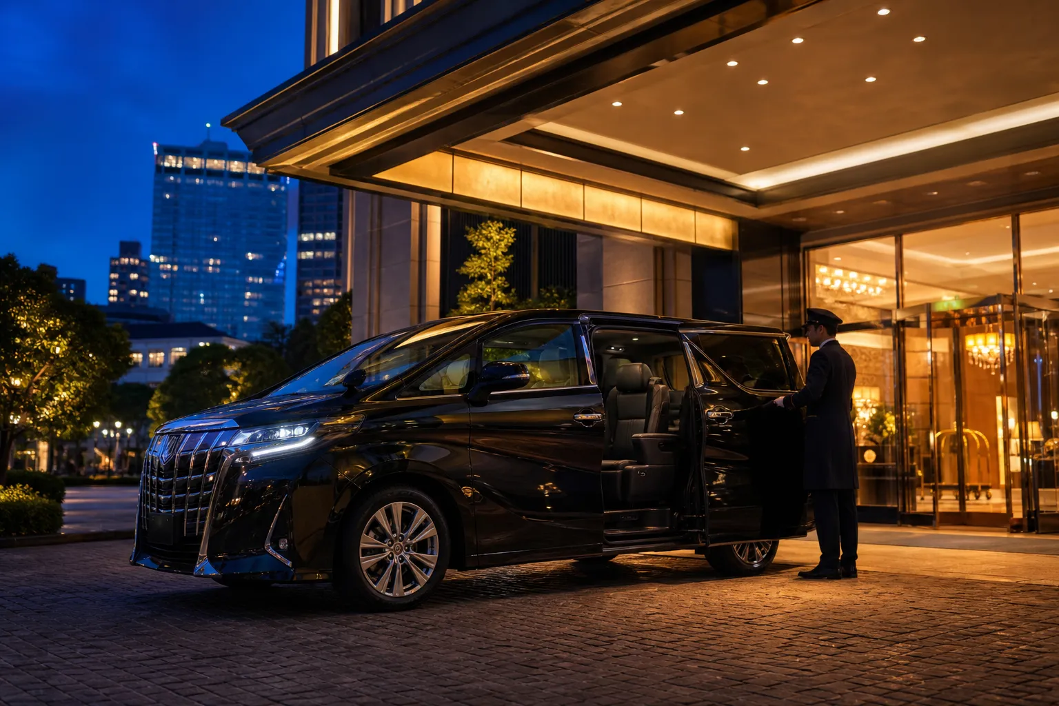 A sleek black luxury van waiting at a premium hotel entrance at dusk, representing private transfer services in Japan.