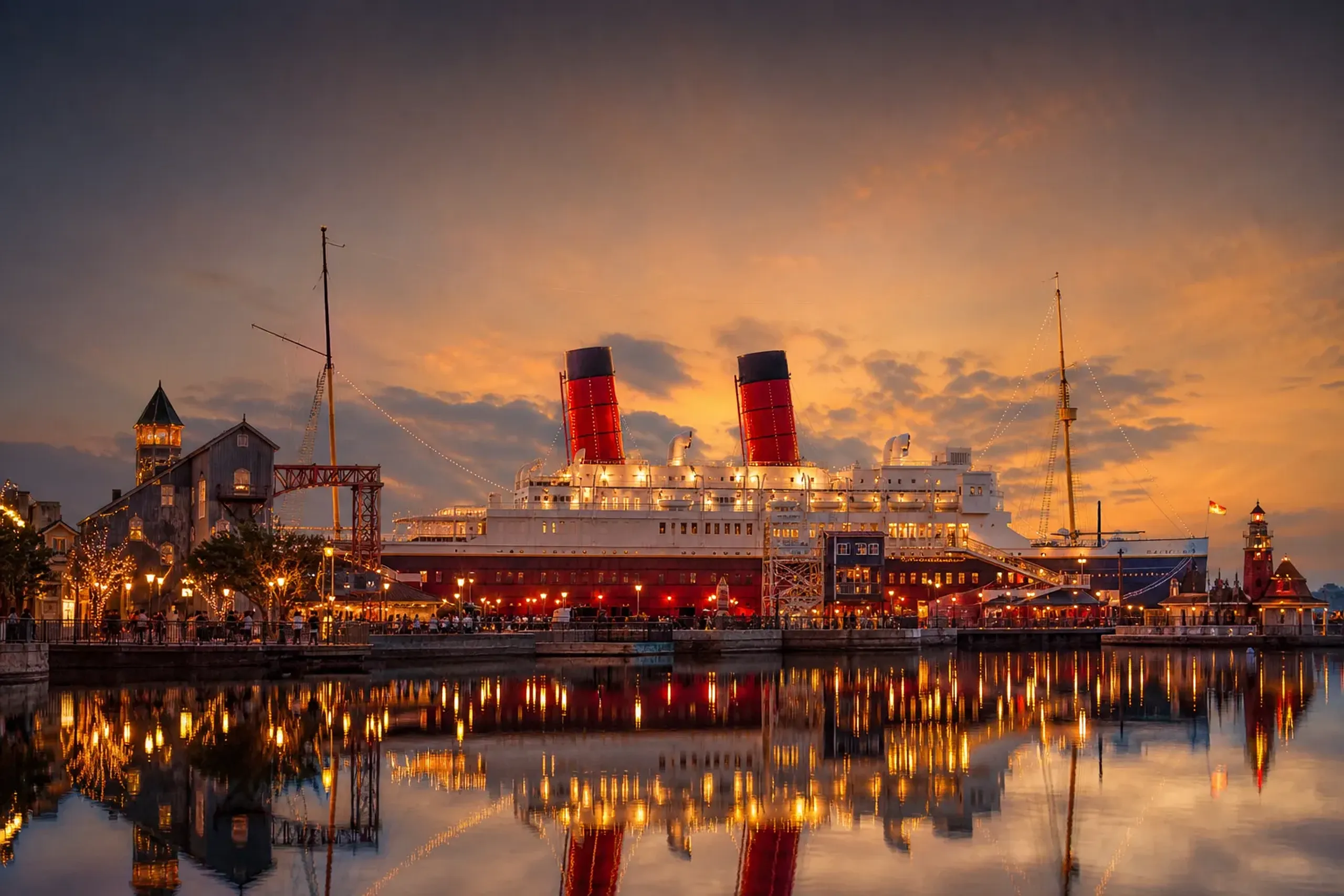 The moored S.S. Columbia ocean liner at Tokyo DisneySea's American Waterfront, its red-and-white hull and funnels against the harbour