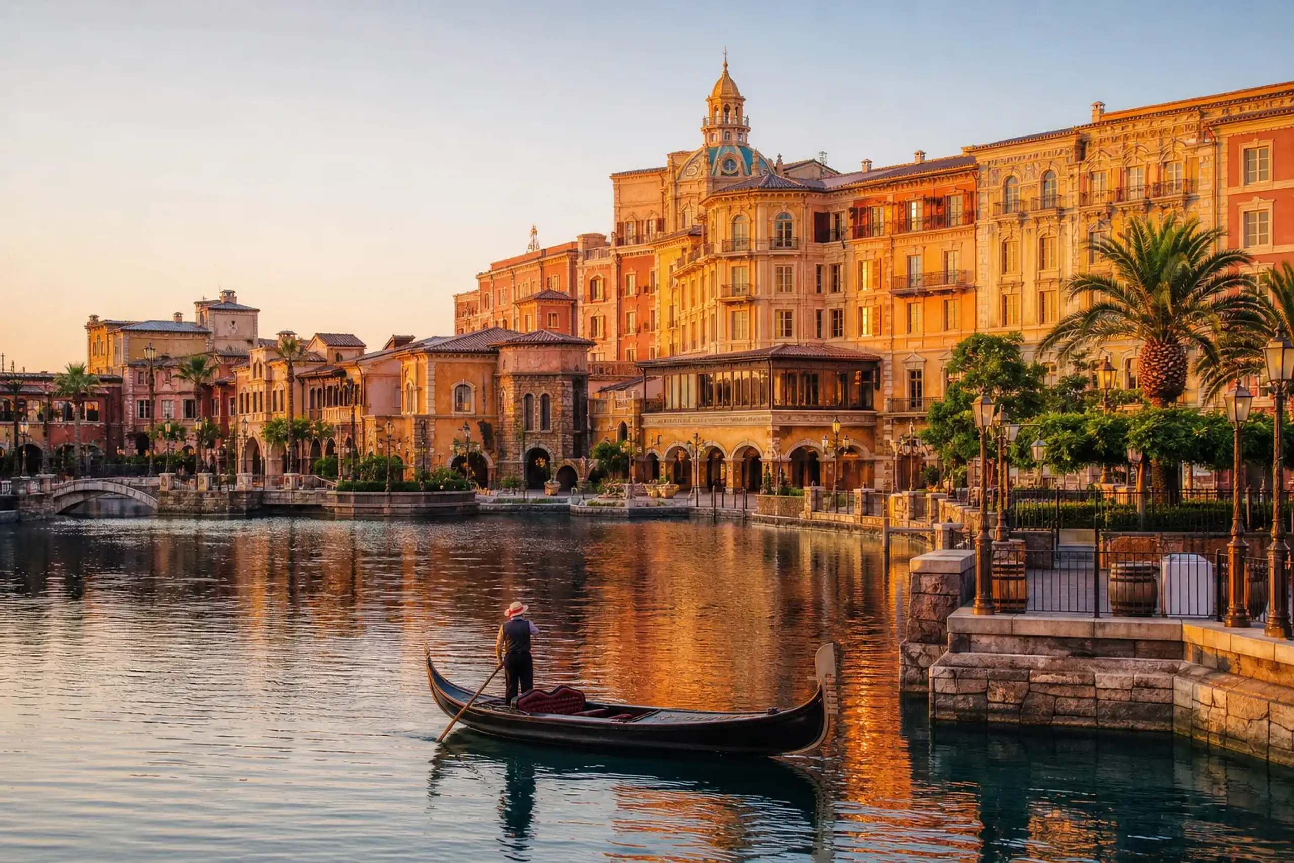 The harbour-view exterior facade of Tokyo DisneySea Hotel MiraCosta overlooking the Mediterranean Harbor waterfront