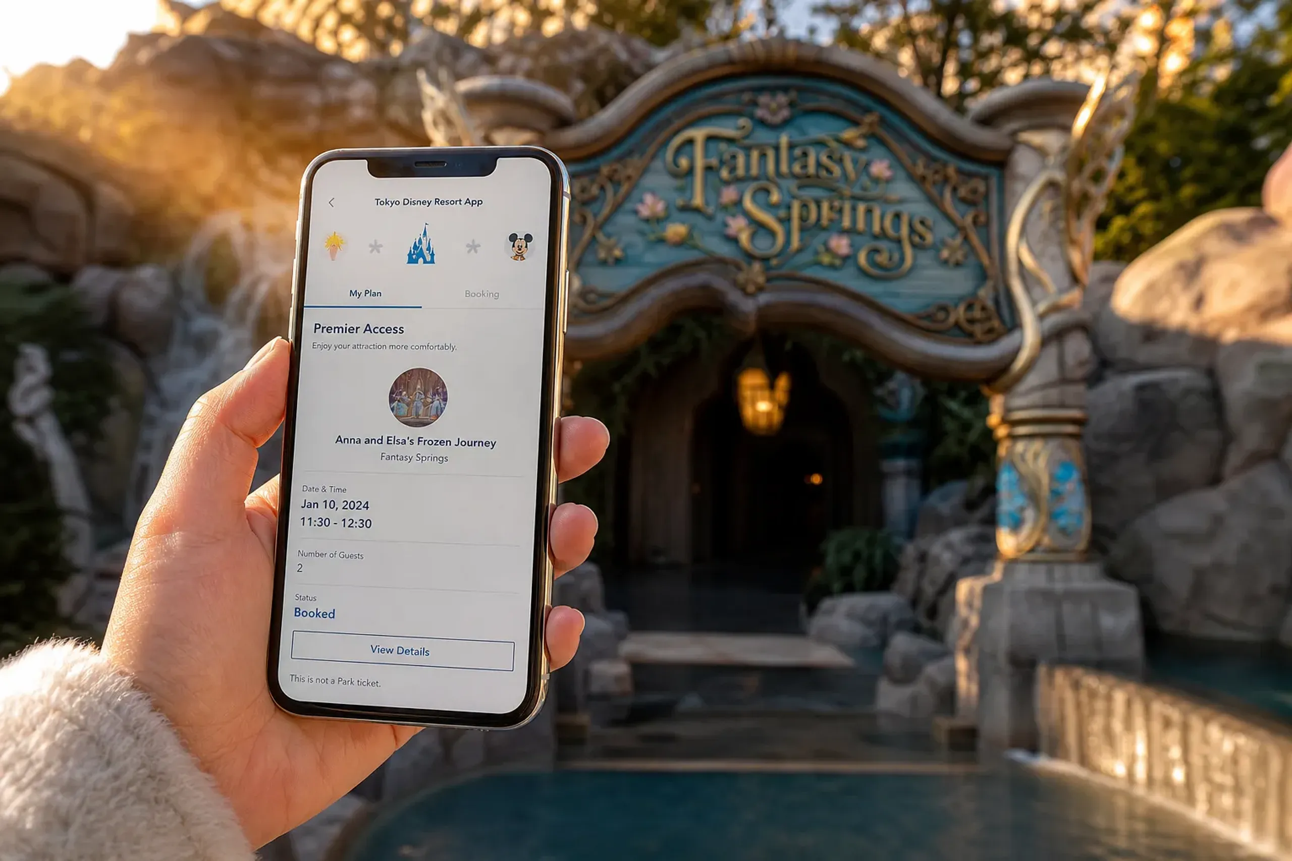 A smartphone displaying the Tokyo Disney Resort App held up in front of a Fantasy Springs attraction entrance