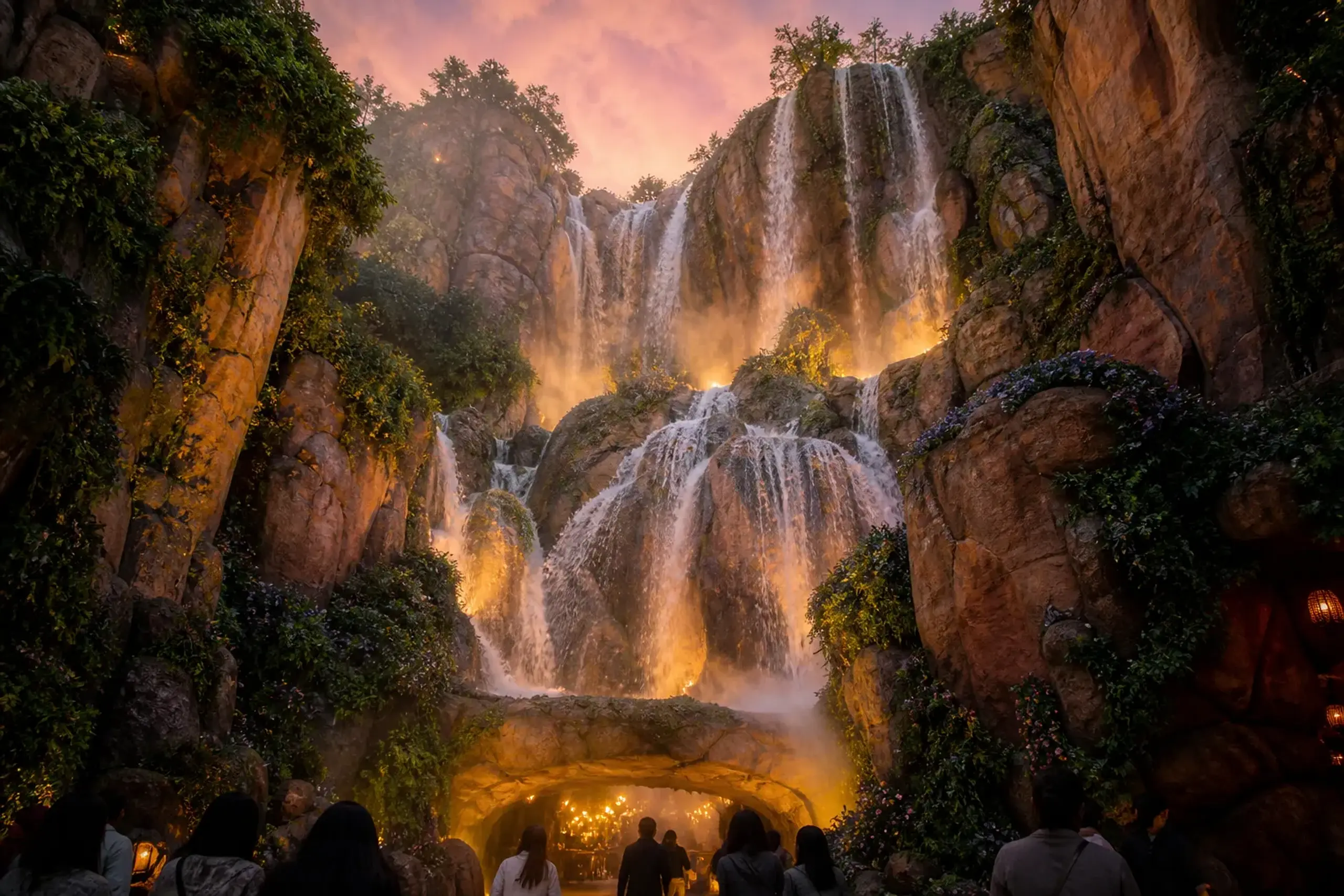 The waterfalls and cliffs marking the entrance to the Fantasy Springs port at Tokyo DisneySea