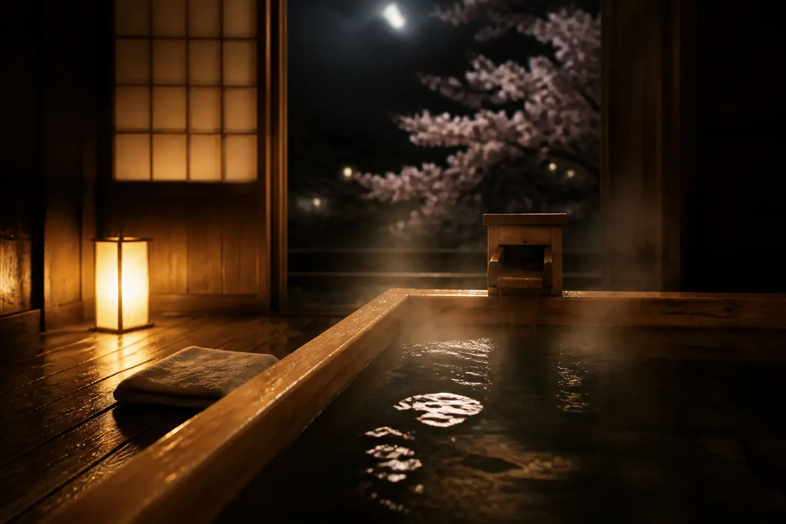 a traditional Kyoto ryokan onsen bath with steaming water and wooden bathing area, the deliberate final exhale night of the itinerary
