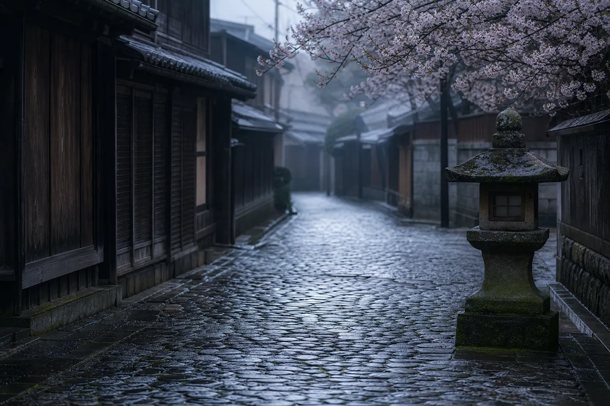 Empty cobblestone street in Kagurazaka Tokyo at early morning with traditional storefronts