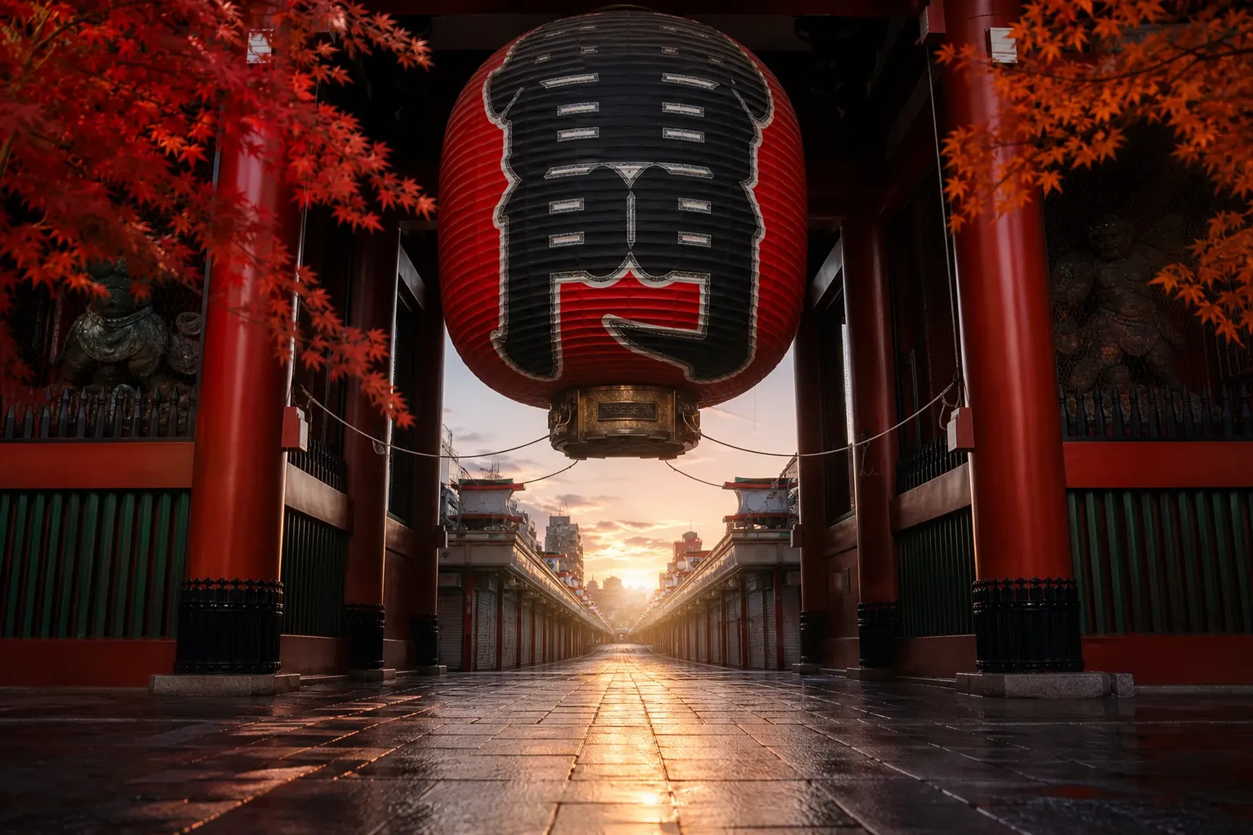 Empty Nakamise street and Senso-ji temple gate in Asakusa at dawn with the great red lantern