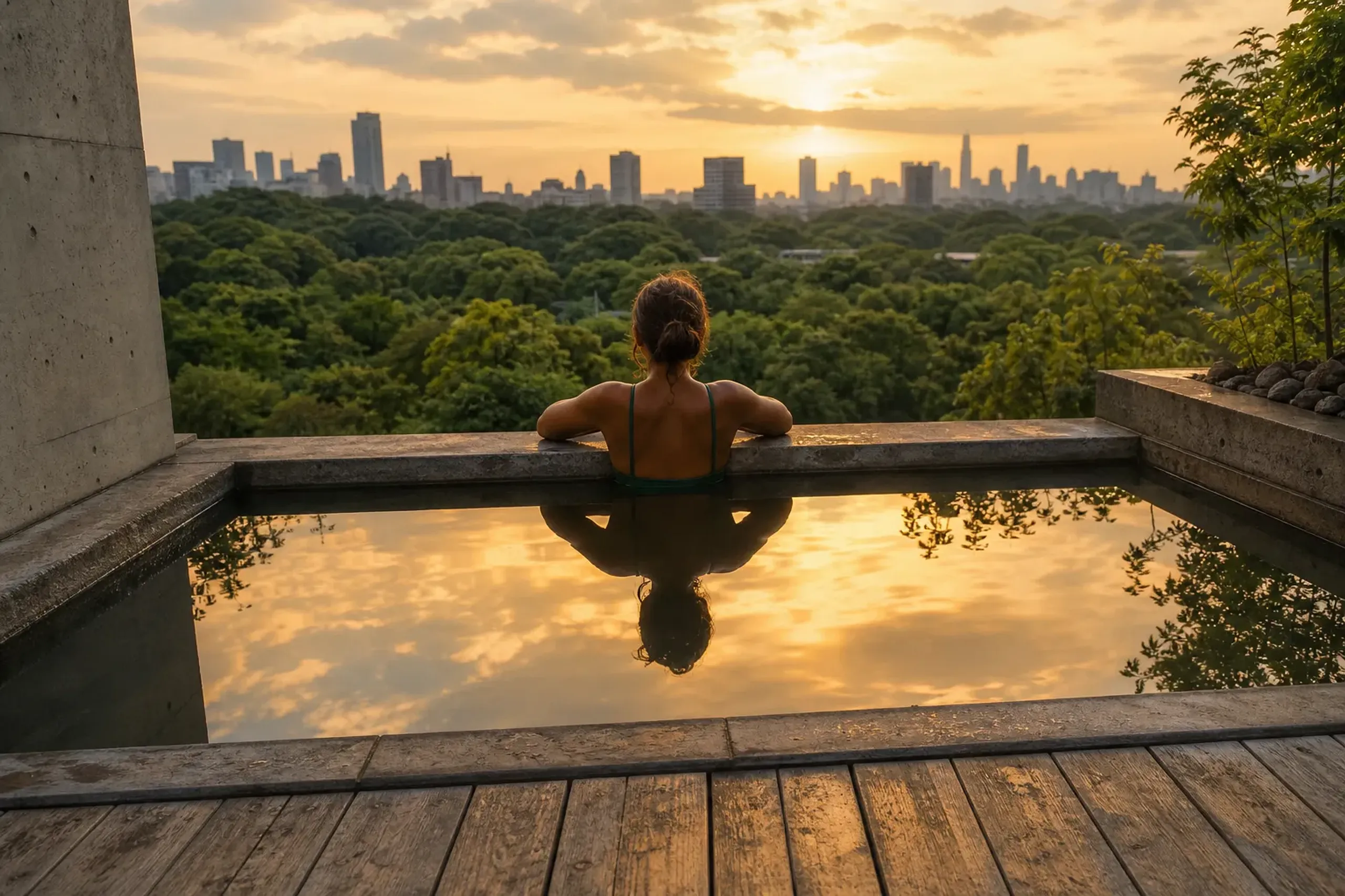 Woman in a green swimsuit resting on the edge of an outdoor pool at sunset, with trees in the background.