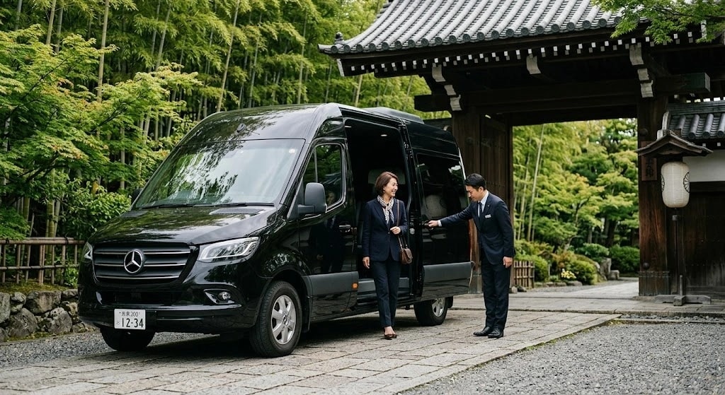 A man in a suit helps a woman step out of a black Mercedes van parked near a traditional gate and garden, suggesting a chauffeured service.