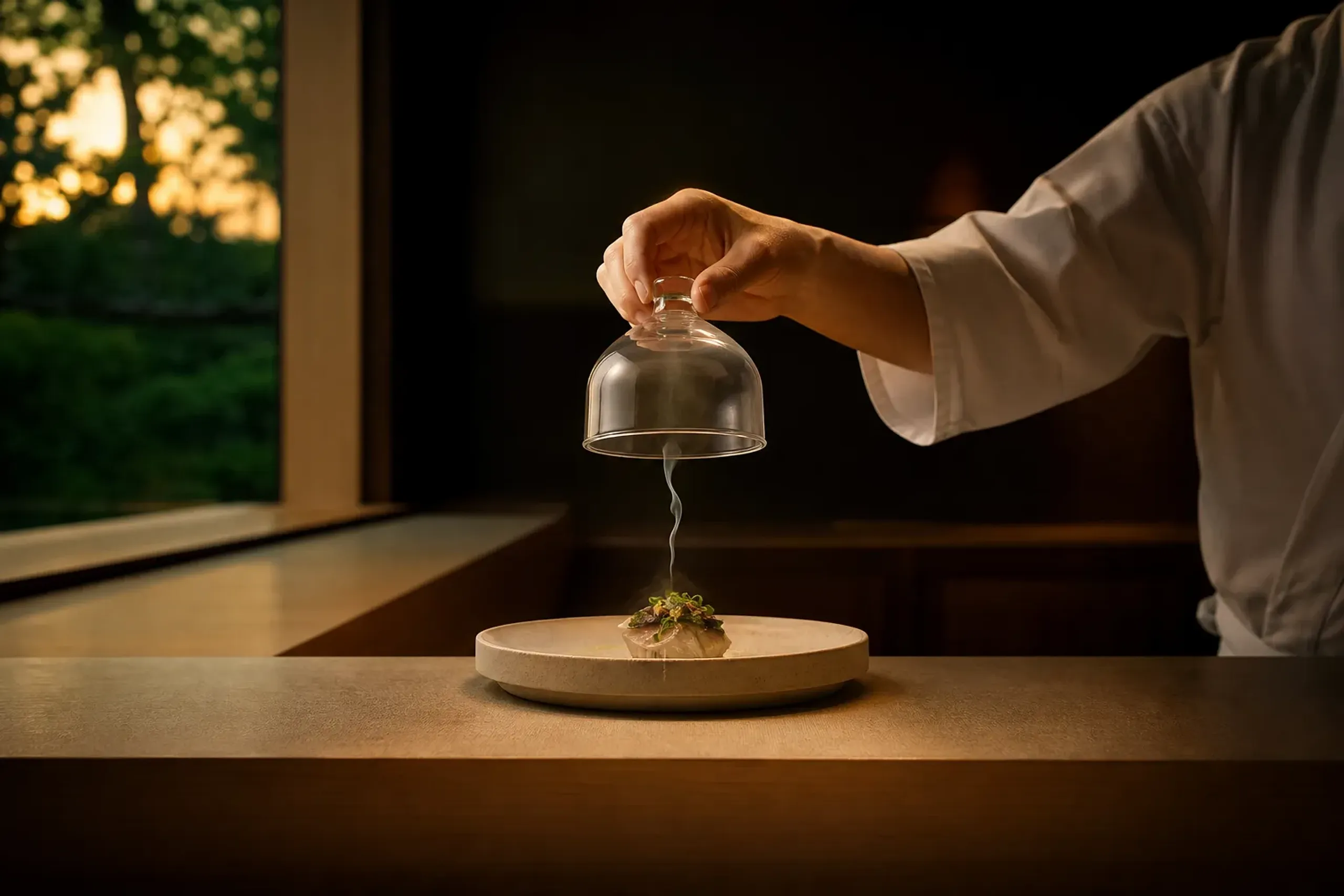 Chef presenting a modern Japanese dish under a glass cloche with smoke at a Tokyo counter restaurant