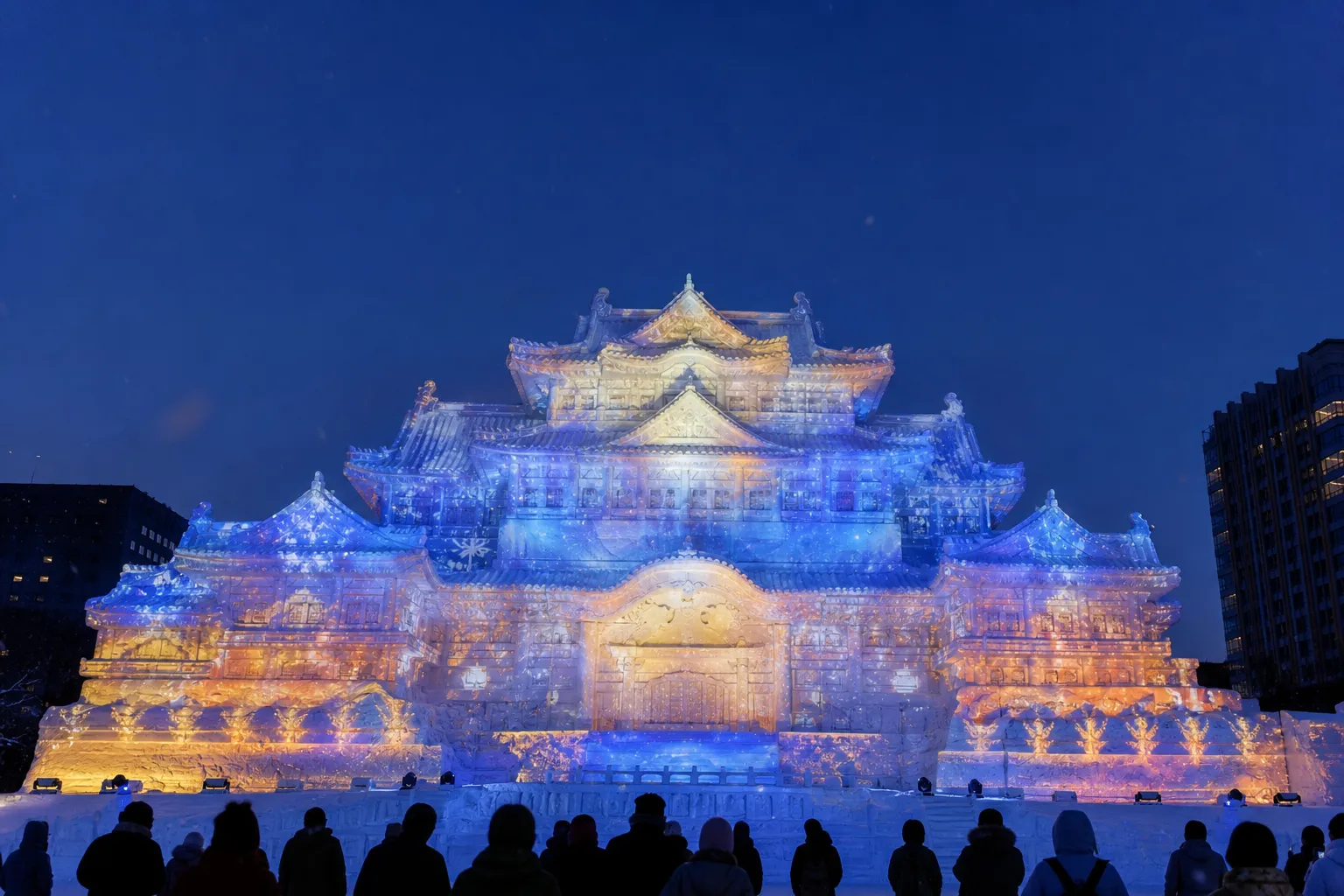 Massive illuminated snow sculpture at the Sapporo Snow Festival 2026 in Odori Park, Hokkaido.