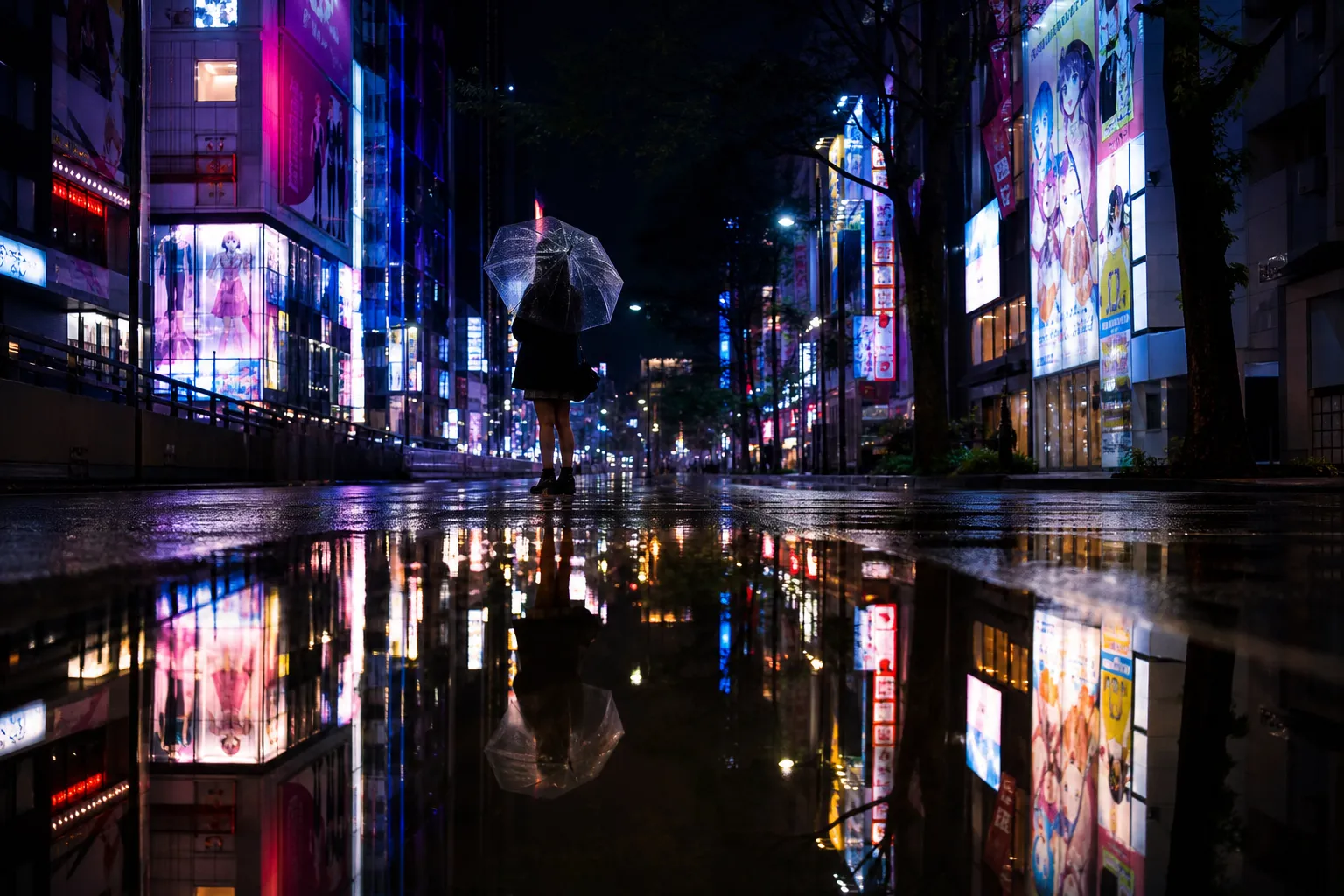 Tokyo, Japan - November 19, 2018: Neon lights and billboard advertisements on buildings at Akihabara at rainy night. Akihabara is a shopping district for video games, anime, manga, and computer goods.