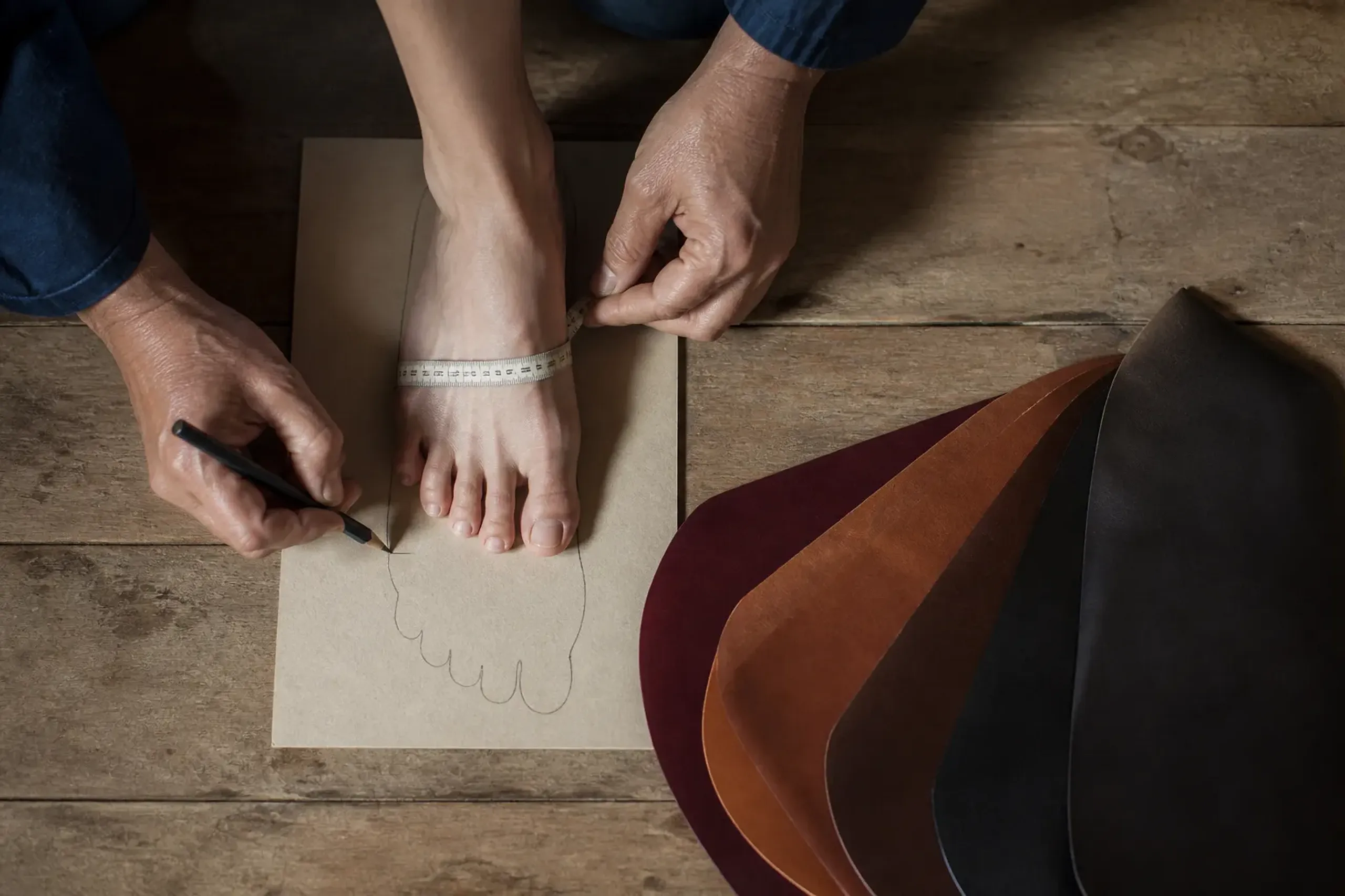 Shoemaker measuring a client's foot during a bespoke shoe consultation