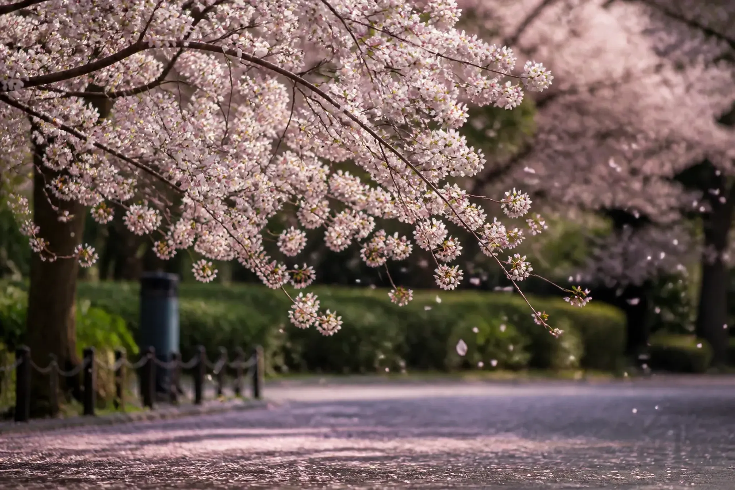 A close, detail-rich photograph of Ueno Park cherry branches at “mankai” (full bloom) with a second layer of falling petals captured midair to evoke “hanafubuki,” showing petals collecting lightly on
