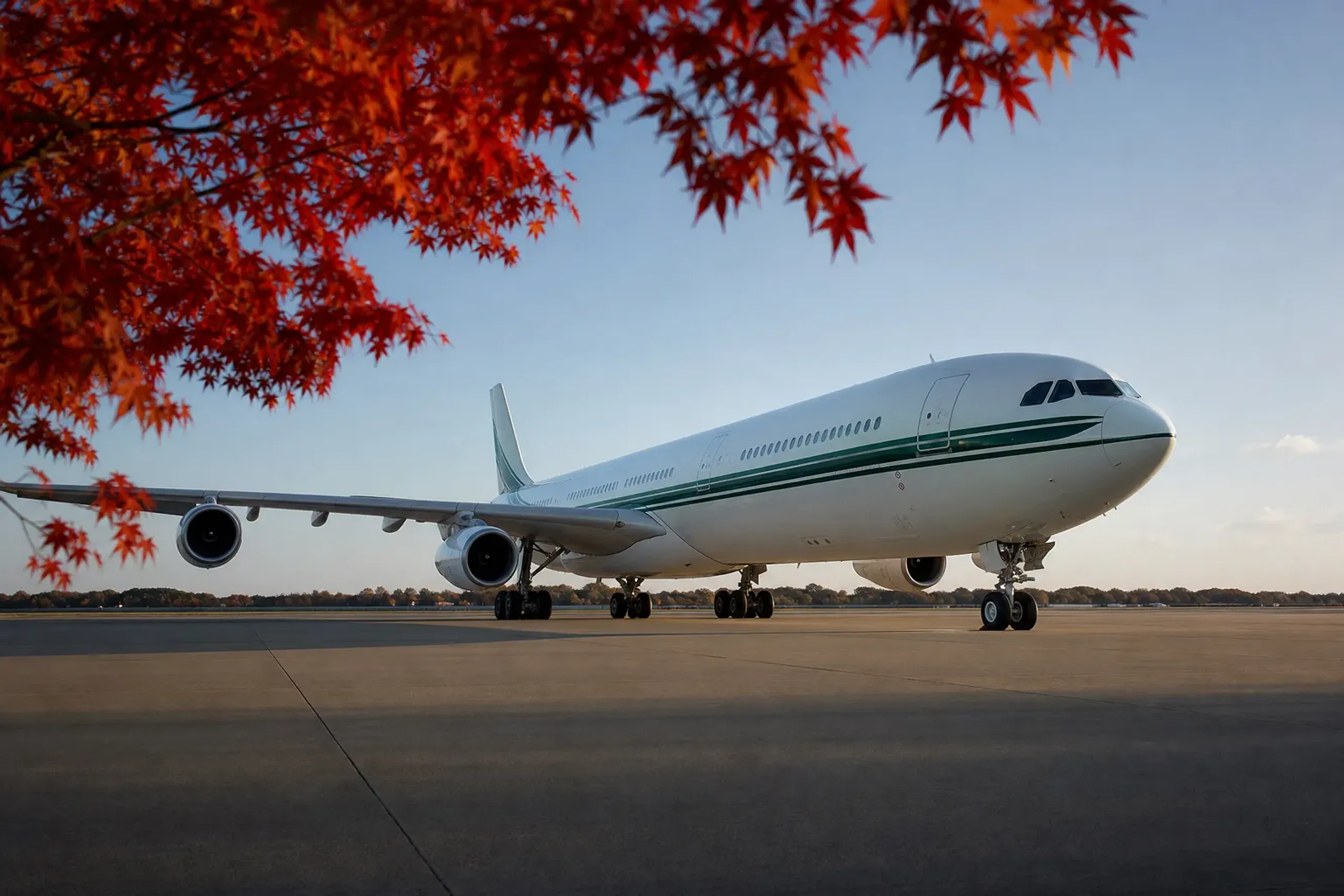 A wide-angle exterior view of a white Airbus A340-300 VIP aircraft parked on a concrete tarmac under a partly cloudy sky, featuring green accent stripes on the fuselage.