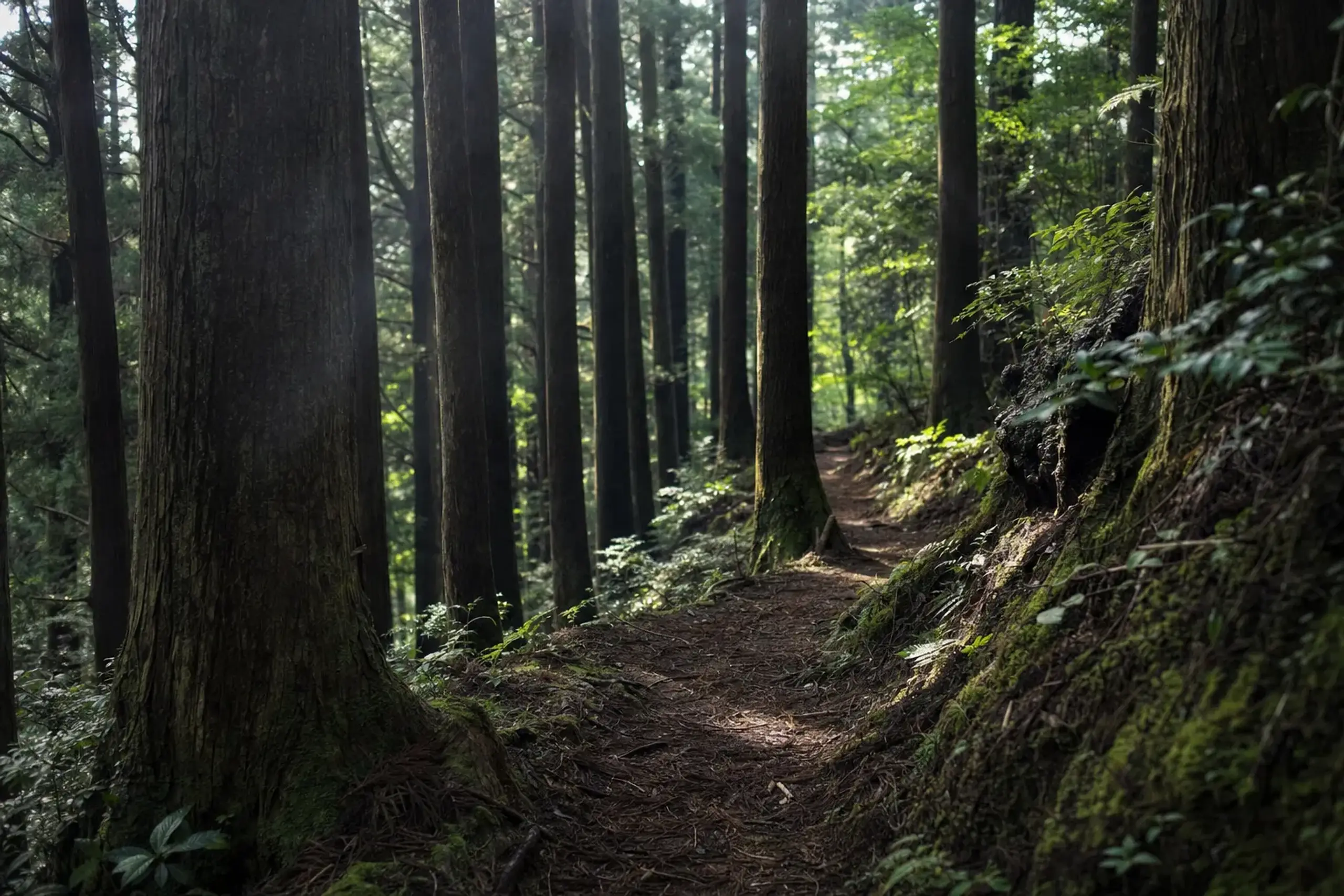 A quiet forested walking trail winding through shaded cedar woods on the Unzen highland