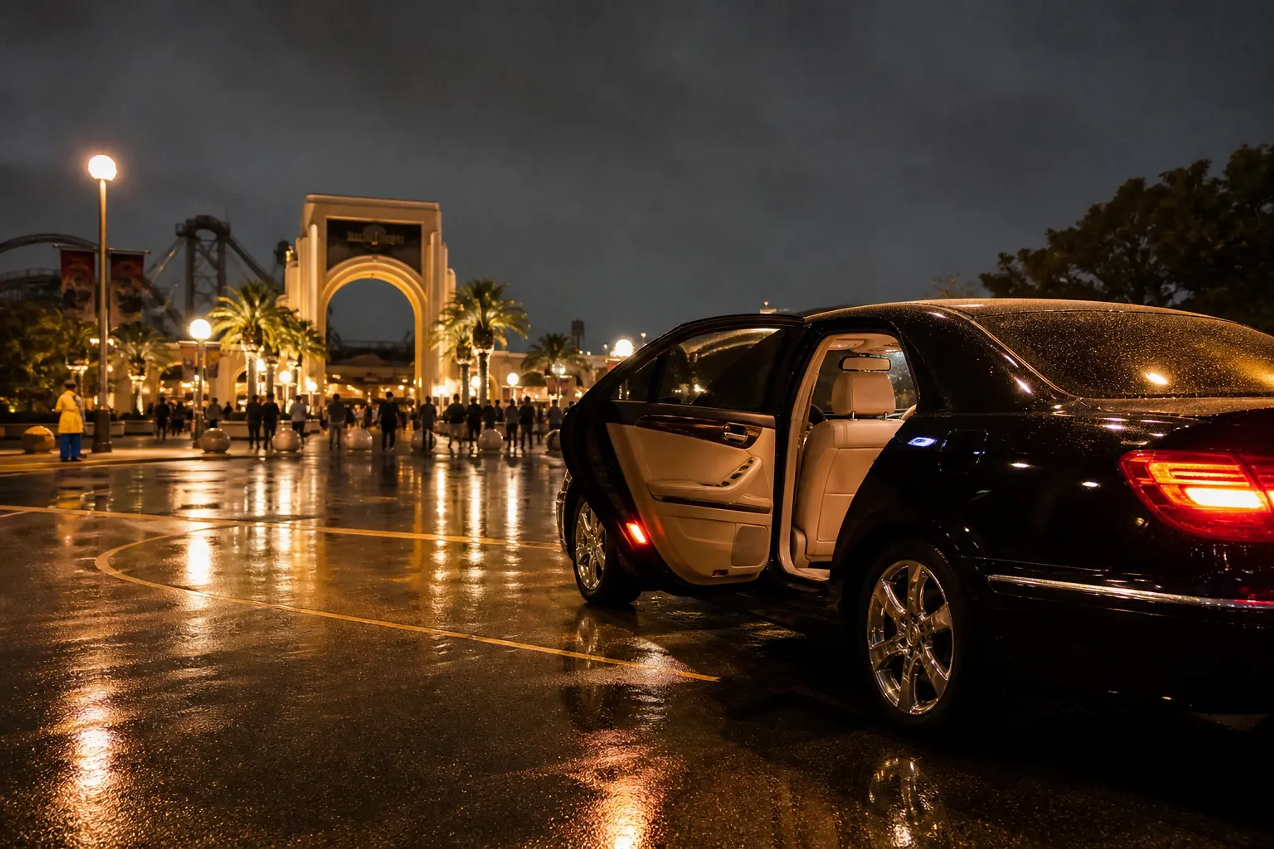 A private black chauffeured sedan waiting under the warm tilted streetlights of Universal City at late night, doors open beside the emptying park entrance