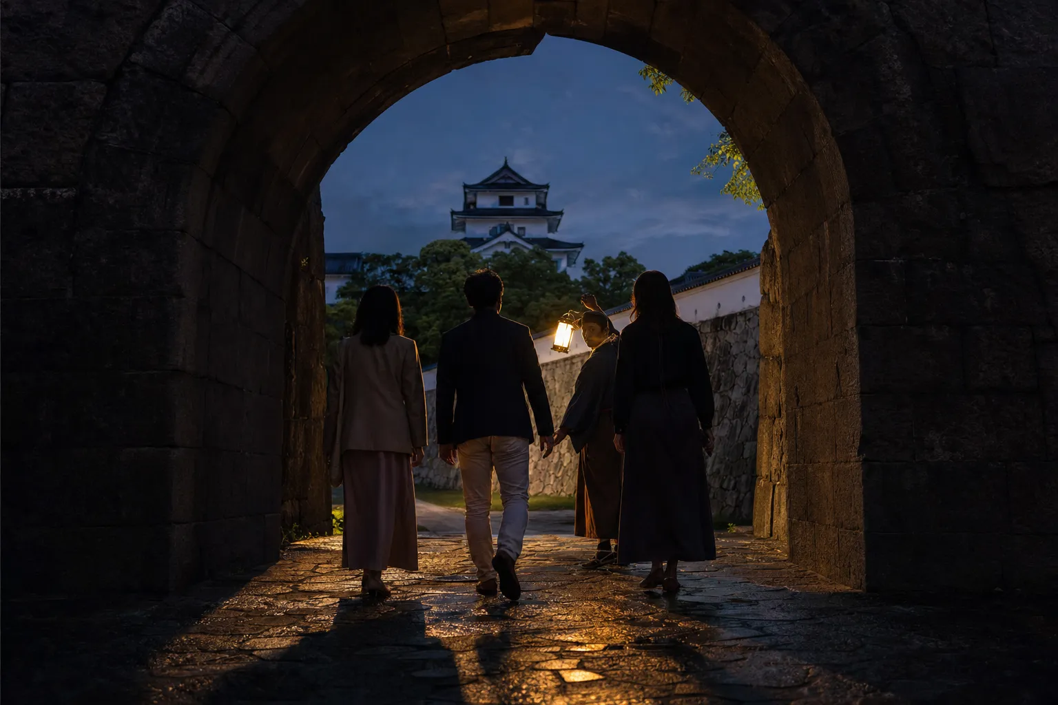 Tour guide in period costume leads three visitors through a dimly lit castle archway at night.