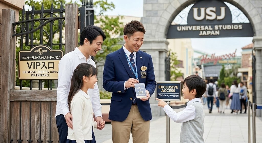 VIP staff in a blue blazer hands a VIP pass to a smiling boy at Universal Studios Japan entrance, with family nearby.