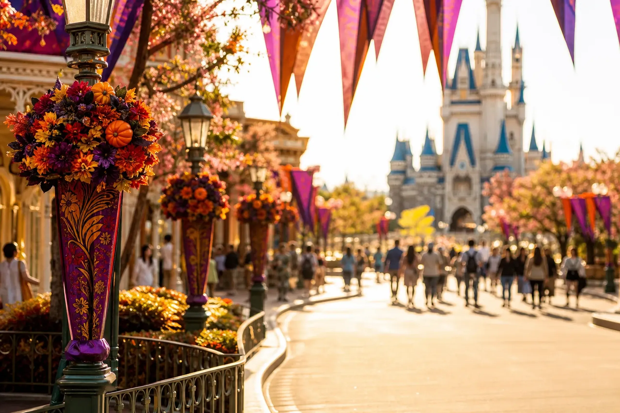 Autumn Halloween-season decorations along a Tokyo Disneyland pathway