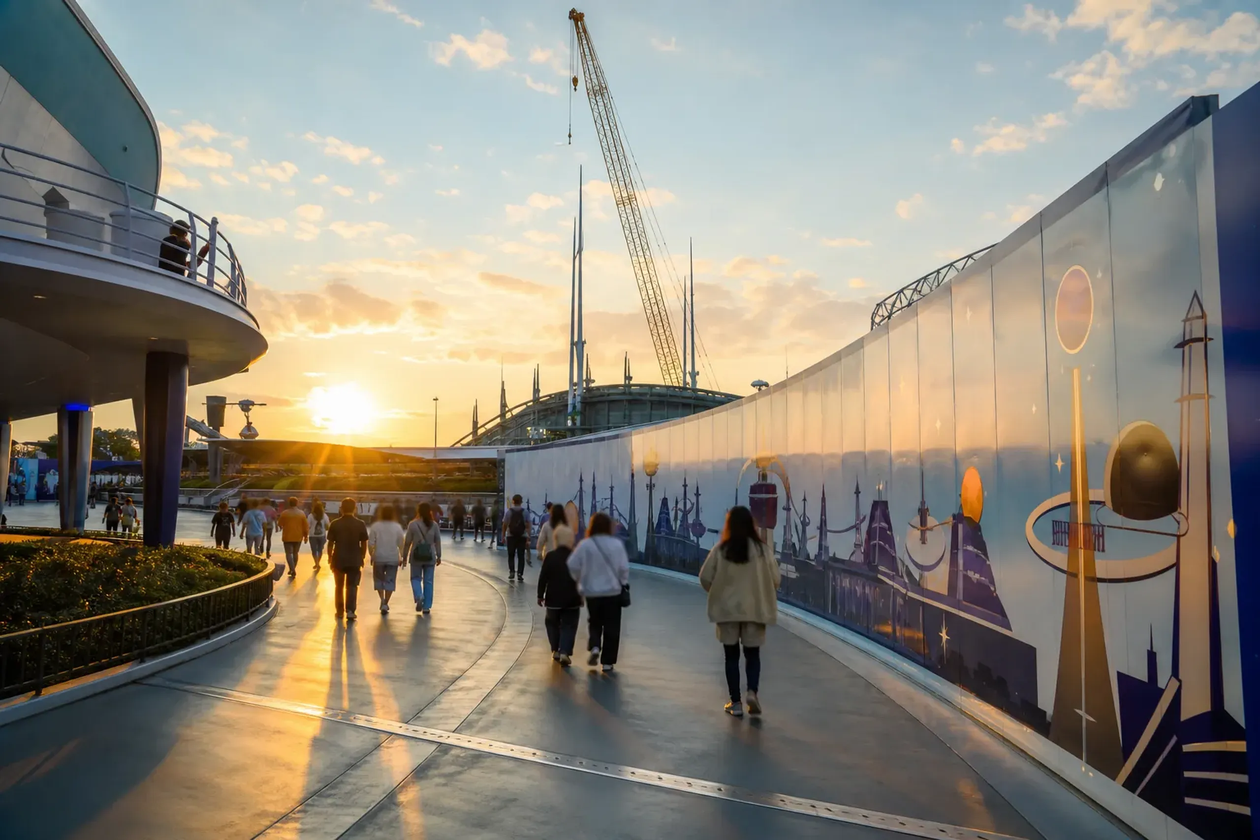 Tomorrowland walkway showing an area undergoing change ahead of new attractions