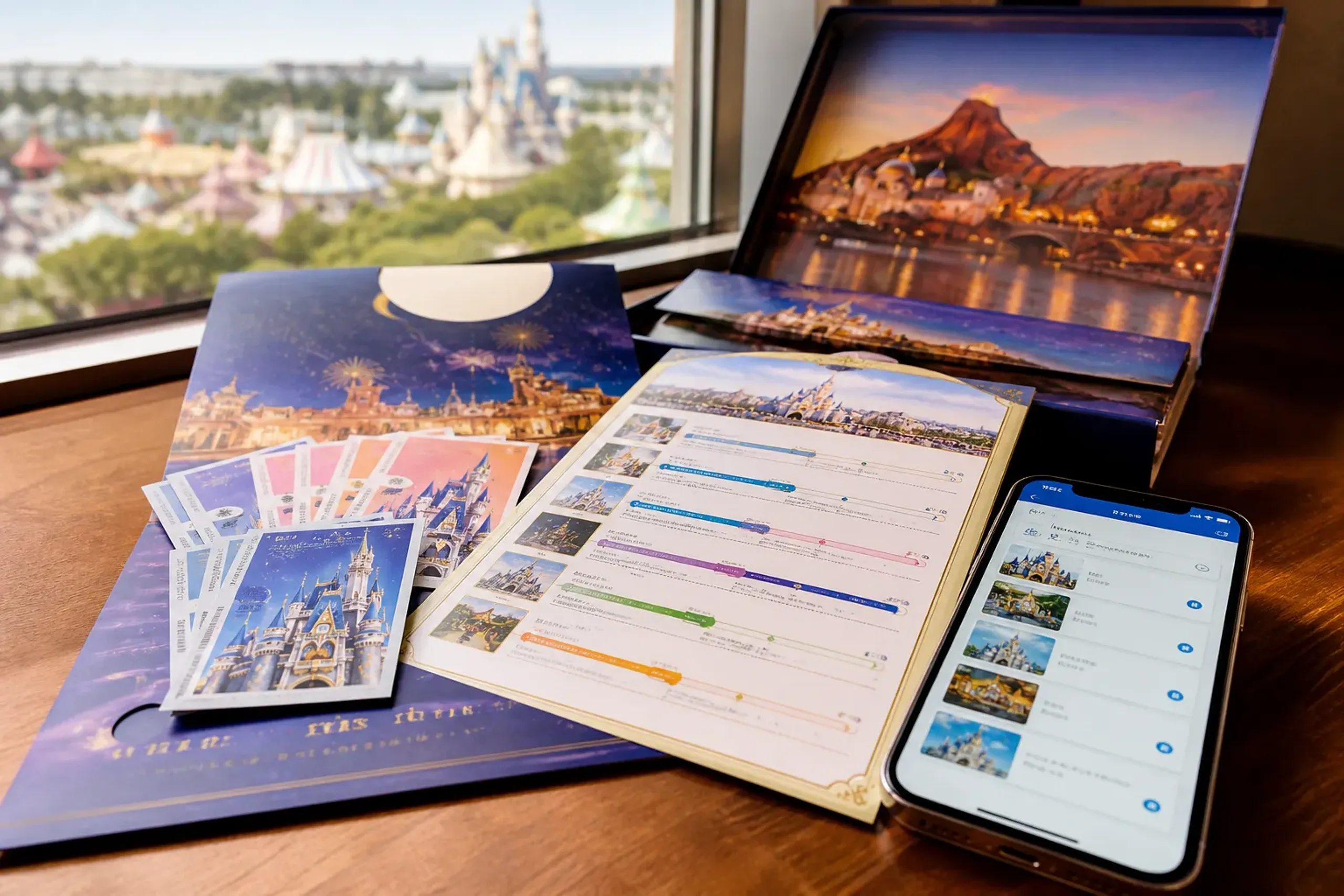 a Tokyo Disney Resort Vacation Package Kit laid open on a hotel desk, showing the printed park tickets and My Plan itinerary card beside a smartphone displaying the official app