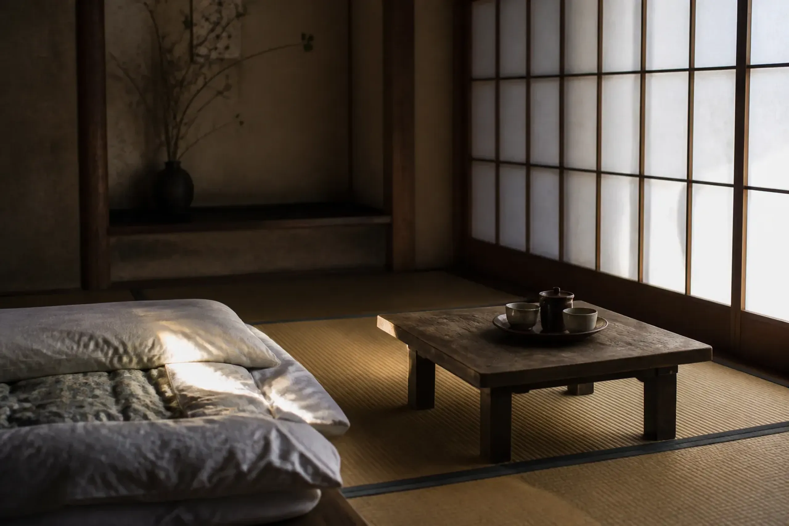 Tatami room with futon bedding in a small family guesthouse on the Kumano Kodo