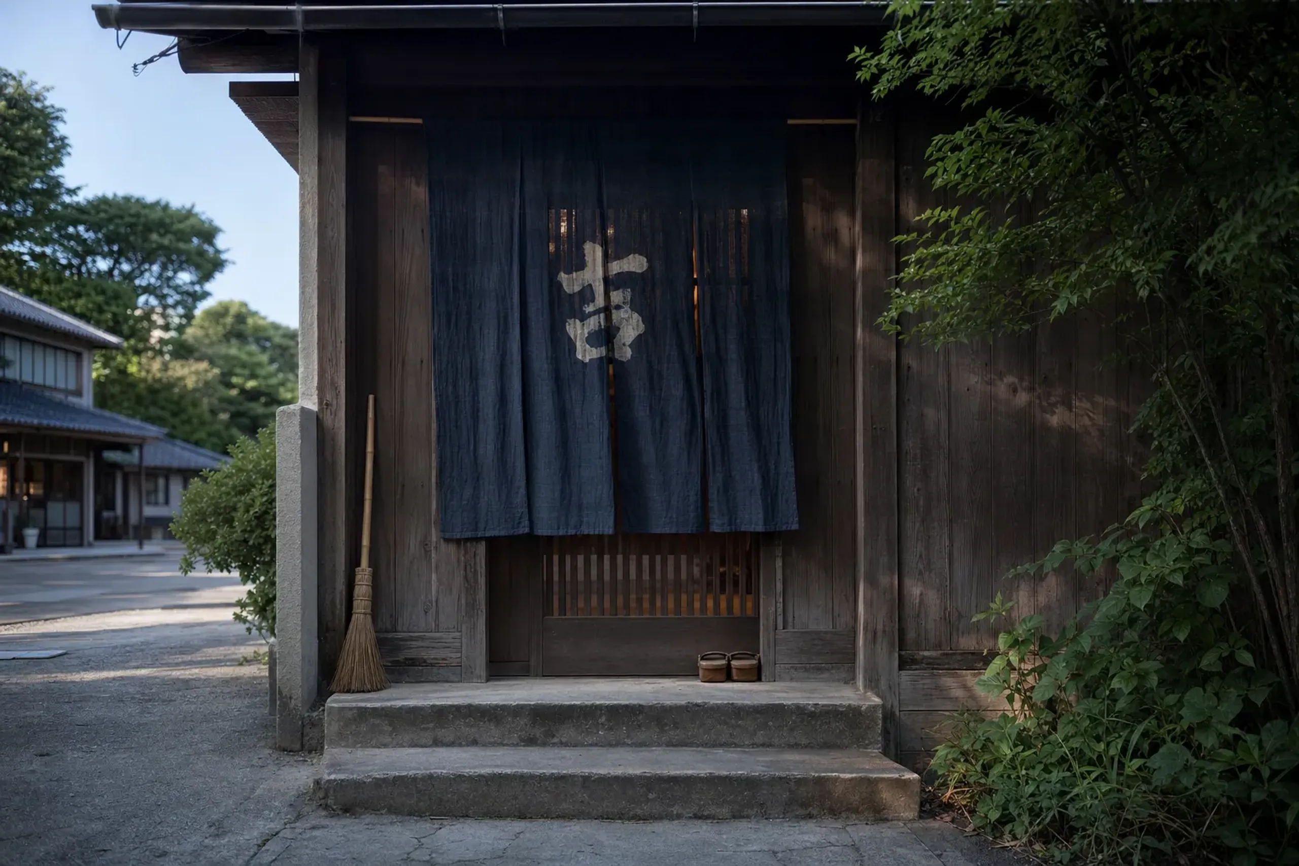 the modest exterior doorway and hanging noren curtain of a Ryōgoku sumo stable in Tokyo at dawn, a working house rather than a public venue